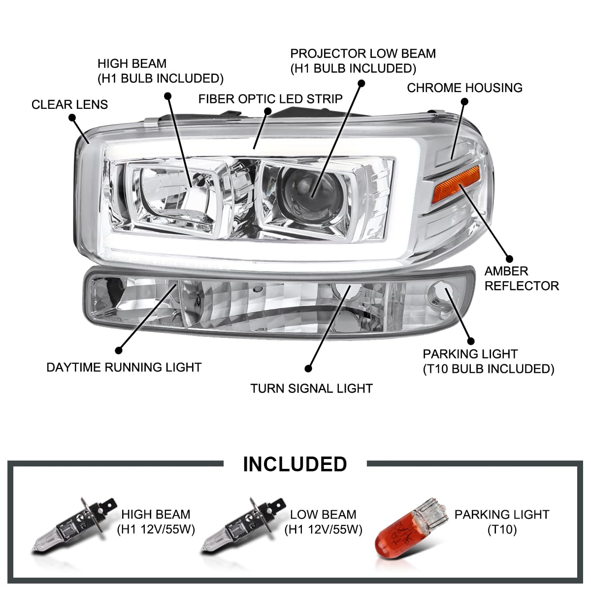 Spec-D Tuning Chrome LED Light Bar Projector Headlights with Bumper Lights - Compatible with 1999-2006 GMC Sierra 1500/2500/3500 - Left & Right Headlamp Assembly - Upgrade for Off-Roading, Night Driving & Enhanced Visibility