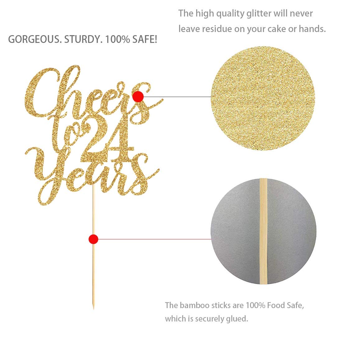 Gold Glitter Cheers to 24 Years Cake Topper | Happy 24th Birthday Party Decorations | Cake Decor Supplies for Anniversary Celebrations & Special Occasions