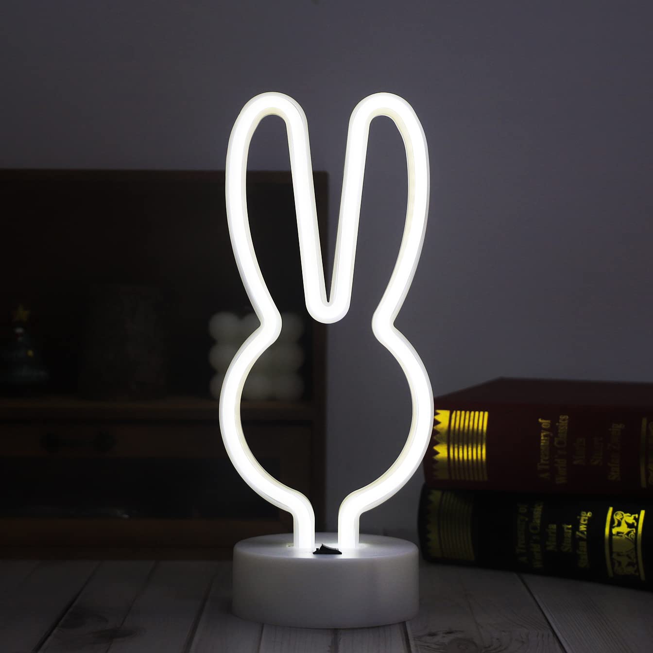 Rabbit Neon Sign - Spring Bunny Marquee Light with Base, Battery/USB Powered Art Decor for Christmas, Halloween, Easter - White Rabbit Night Light for Bedroom, Bar, Cafe, Party Decorations