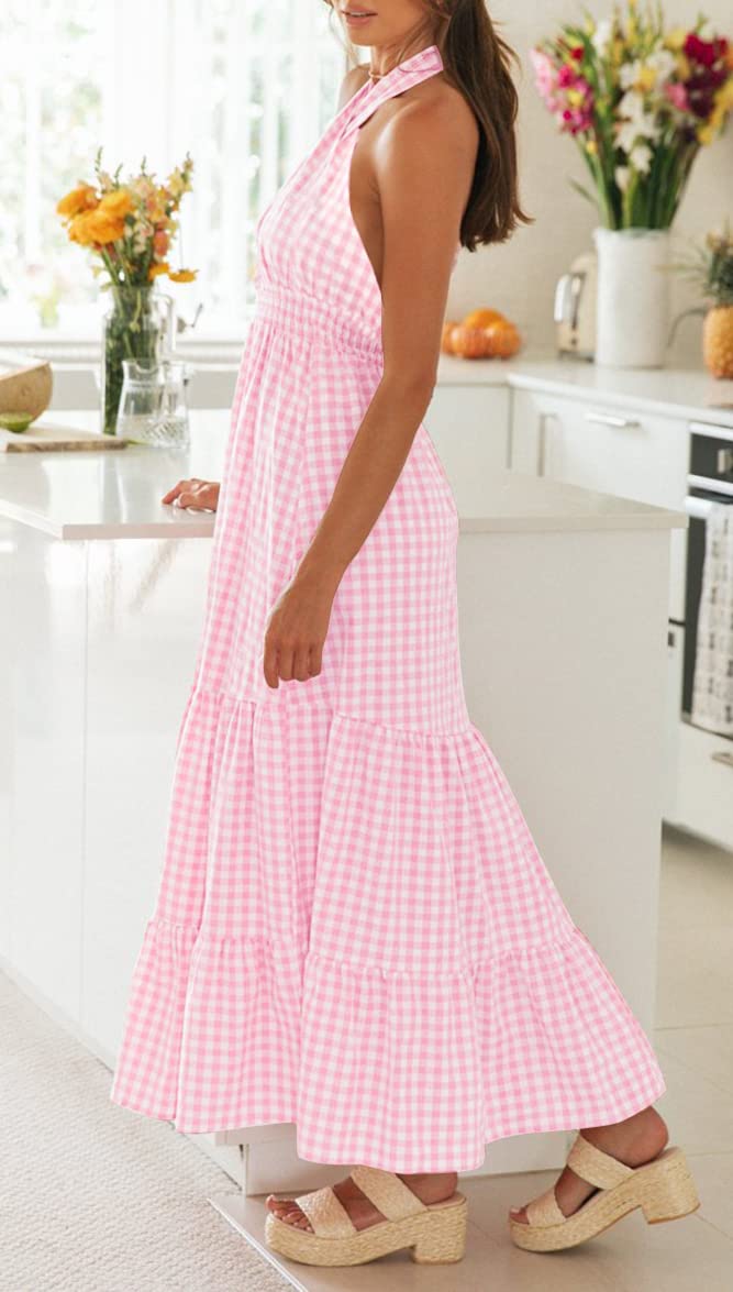 ZESICA Women's 2025 Summer Flowy A-Line Maxi Dress - Halter Neck, Sleeveless, Plaid Print with Cut Out Back Design | Perfect for Beach Vacations, Date Nights & Summer Parties