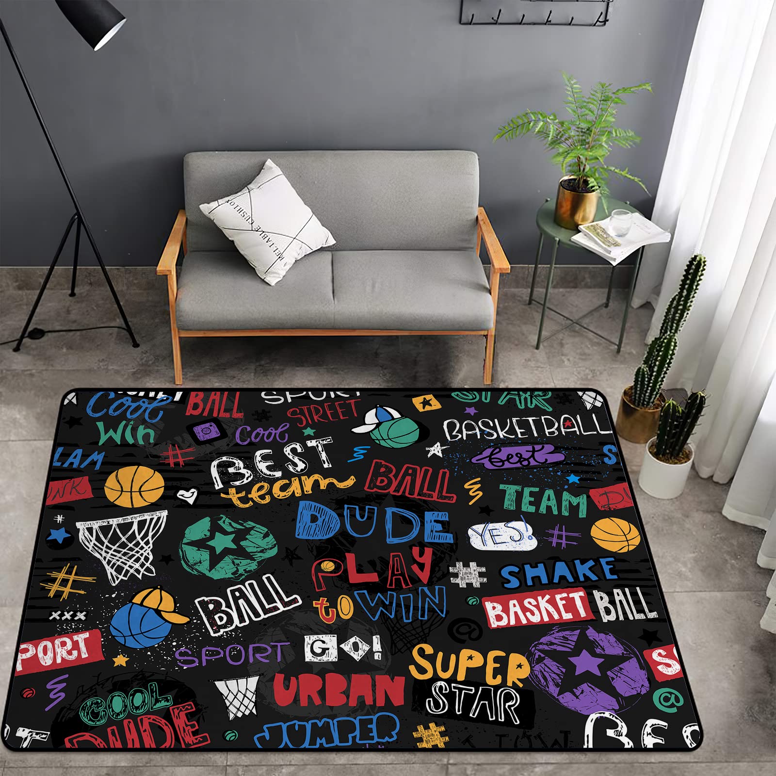 Non-Slip Washable Sponge Rug Pad - Super Soft Extra Thick Floor Mat for Kids Bedroom, Living Room, Bathroom & Dorm | Cartoon Basketball Design for Boys & Girls | Perfect for Playrooms, Game Rooms & Indoor Sports Areas