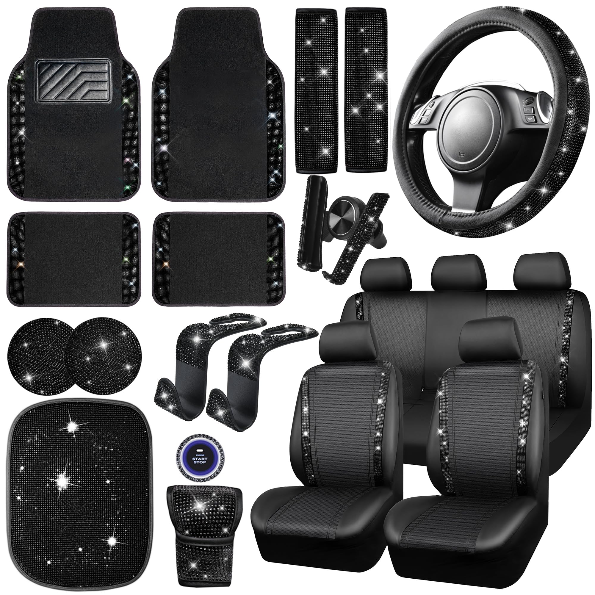 23-Piece Bling Car Accessories Set for Women - Leather Seat Covers, Floor Mats, Steering Wheel Cover, Coasters, Seat Belt Covers & Phone Holder - Universal Fit for Car, SUV, Truck & Van - Black Diamond Design - Perfect for Road Trips, Daily Commute & Car Interior Decoration