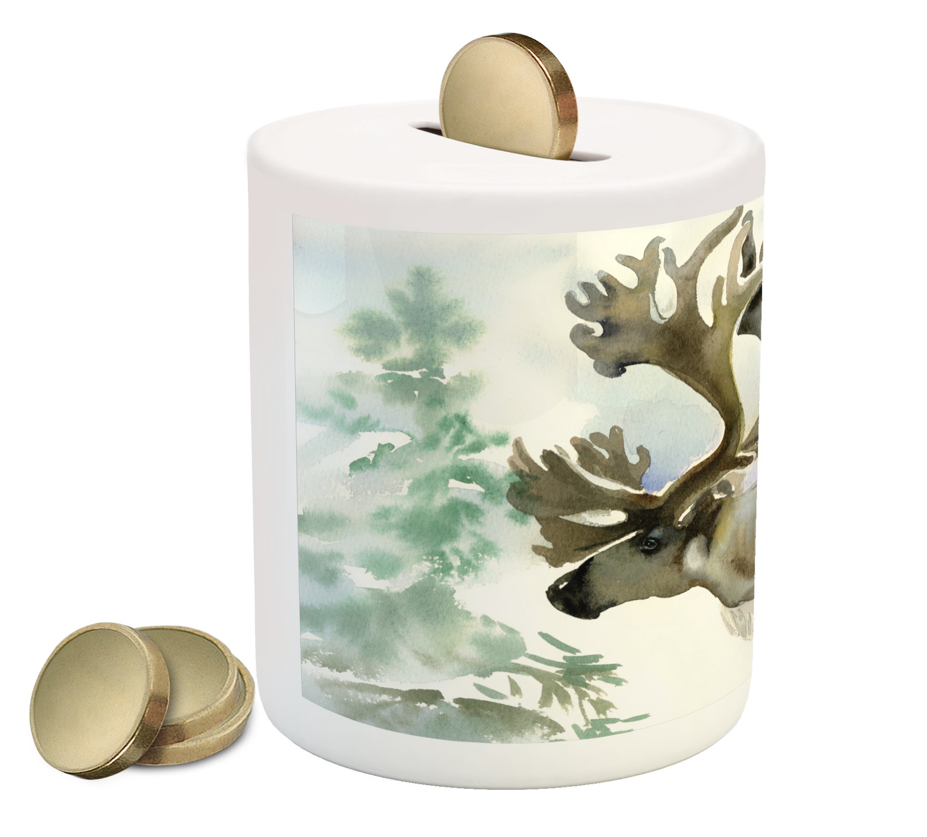Ambesonne Ceramic Piggy Bank with Antlers Design - Moose in Winter Forest Wildlife Reindeer Christmas Theme Watercolor Painting Style - Money Box for Cash Saving (Beige Green) - Perfect Gift for Christmas, Birthday & Home Decor