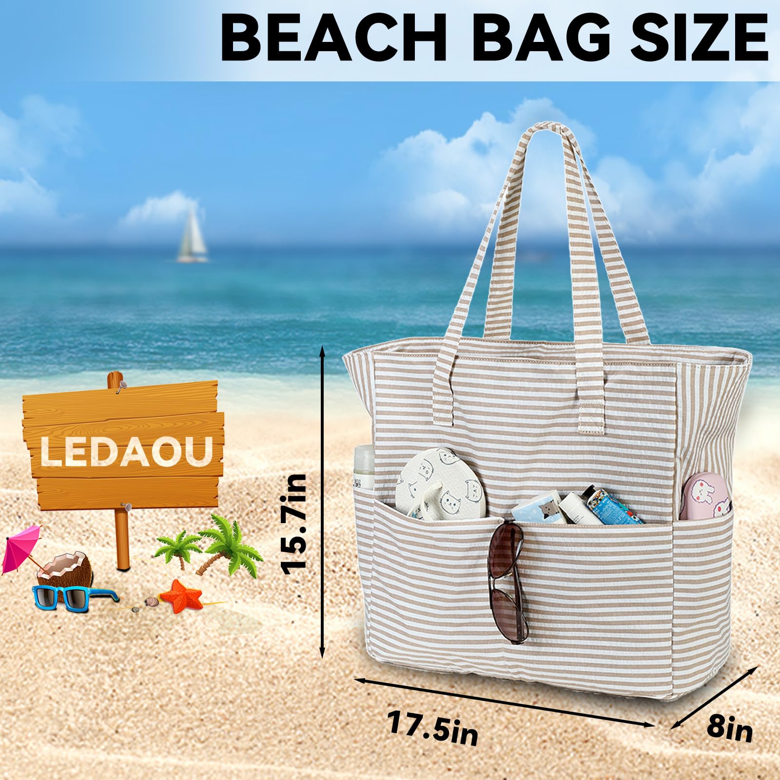 Waterproof & Sandproof Beach Tote Bag for Women - Large Zippered Pool Bag with Wet Pocket - Ideal for Swimming, Gym, Grocery Shopping & Travel