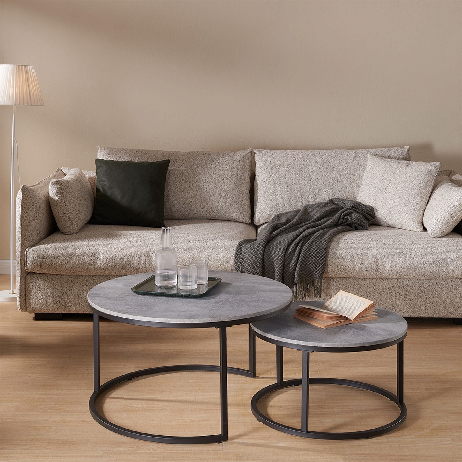Censi ECHO 800 Nested Coffee Table Set - Modern Cement Finish Side Tables for Living Room, Lounge & Office Decor