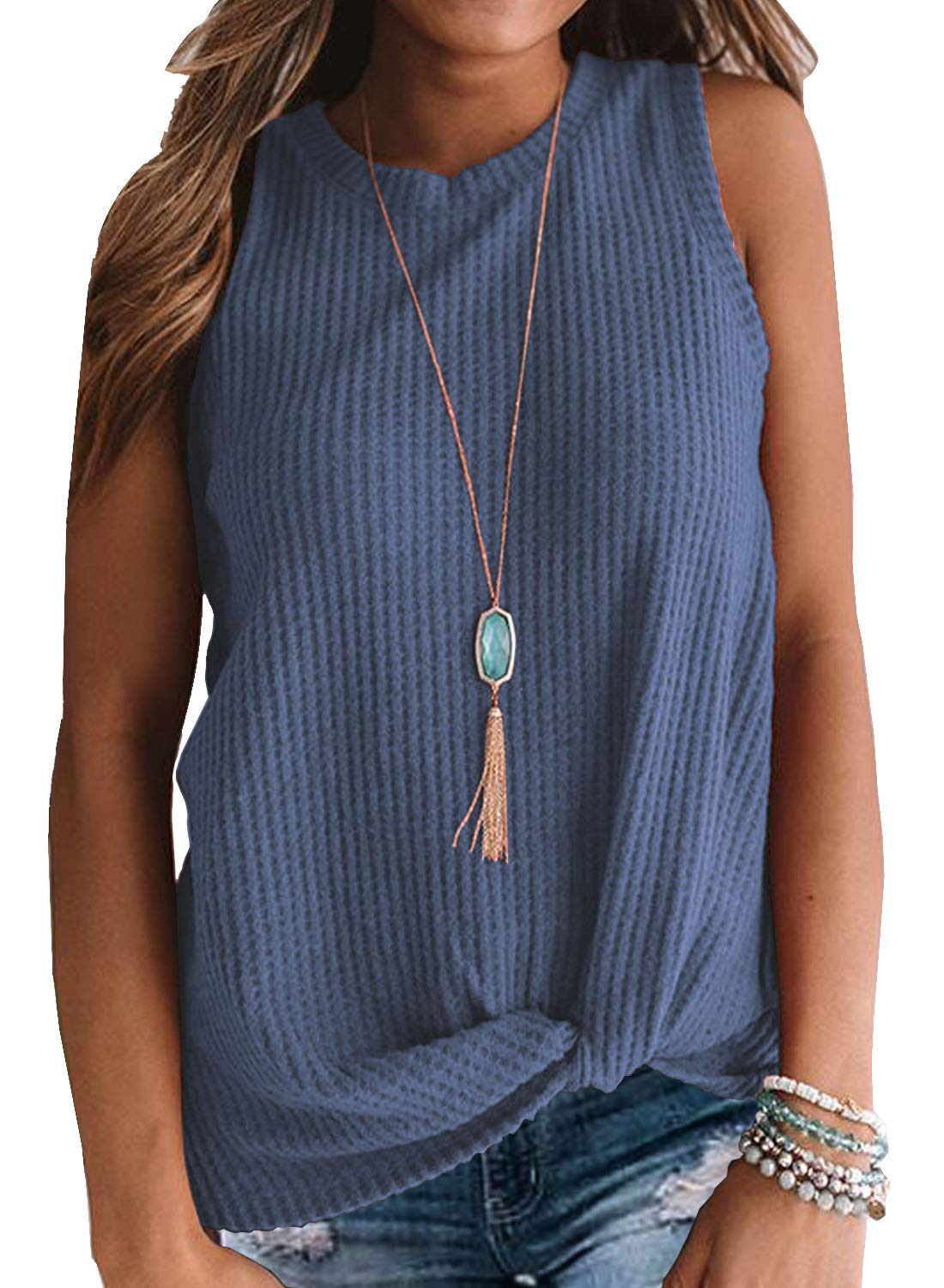 Youdiao Women's Sleeveless Twist Knot Waffle Knit Blouse - Casual Cute Tank Top for Summer Outfits, Beach Wear & Date Nights