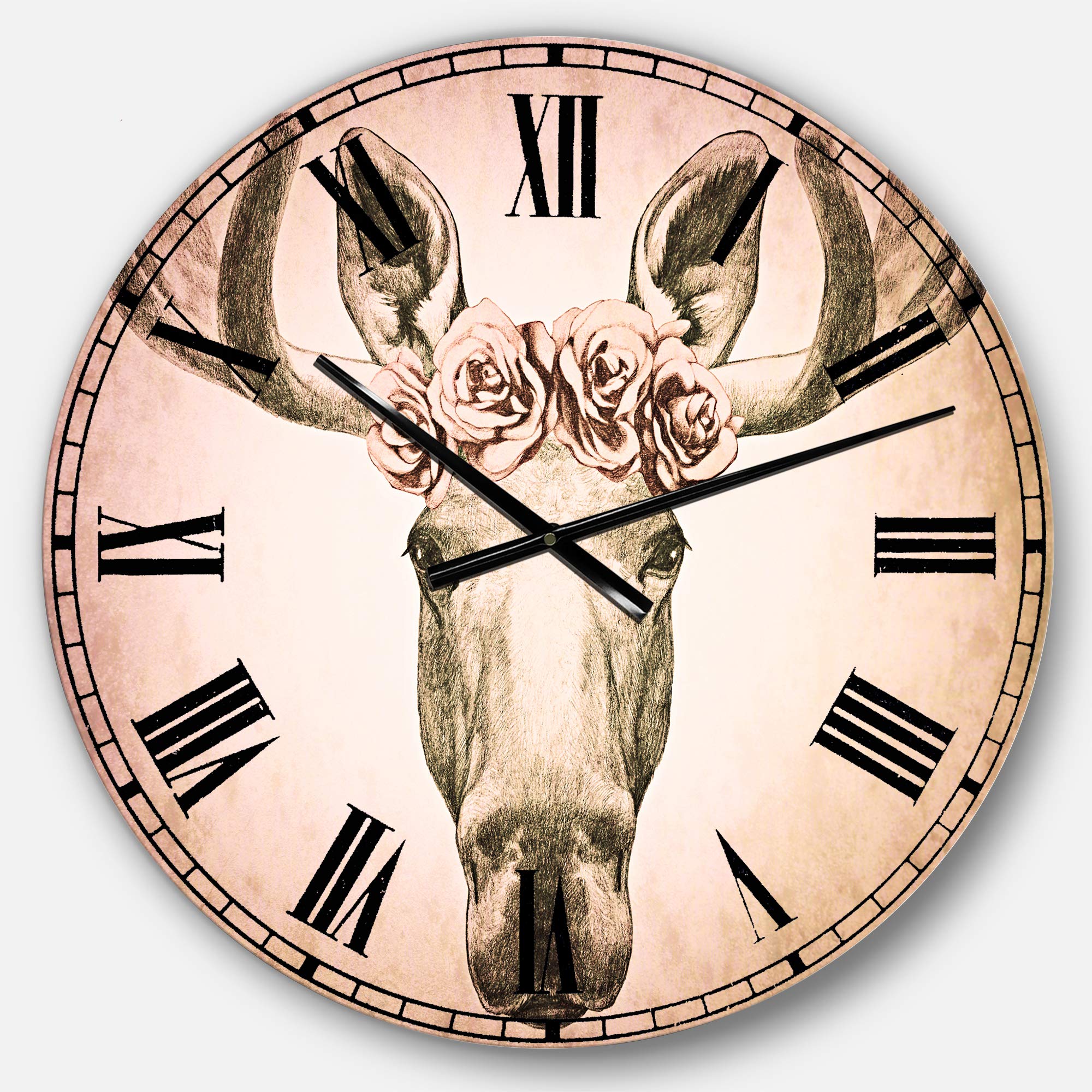 Designart Floral Moose Head Wreath Metal Wall Clock - Traditional Round Home Decor for Living Room, Bedroom & Office | Perfect for Rustic Cabin, Lodge & Nature-Inspired Interior Design