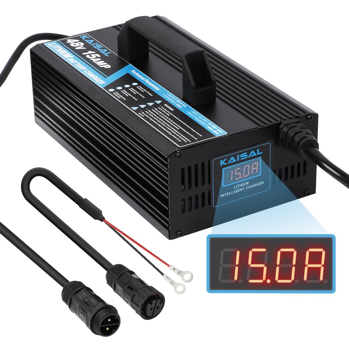 KAISAL 48V/58.4V 15A Lifepo4 Battery Charger - Waterproof IP68 Lithium Golf Cart & Forklift Charger with Removable Plug | Perfect for Golf Carts, Electric Vehicles, and Industrial Equipment