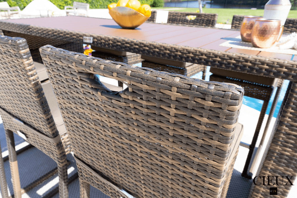 Brown Valence Outdoor Patio Wicker Bar Table and 6 Chairs Set with Sunbrella Canvas Taupe Cushions - Perfect for Backyard, Poolside, and Garden Entertaining
