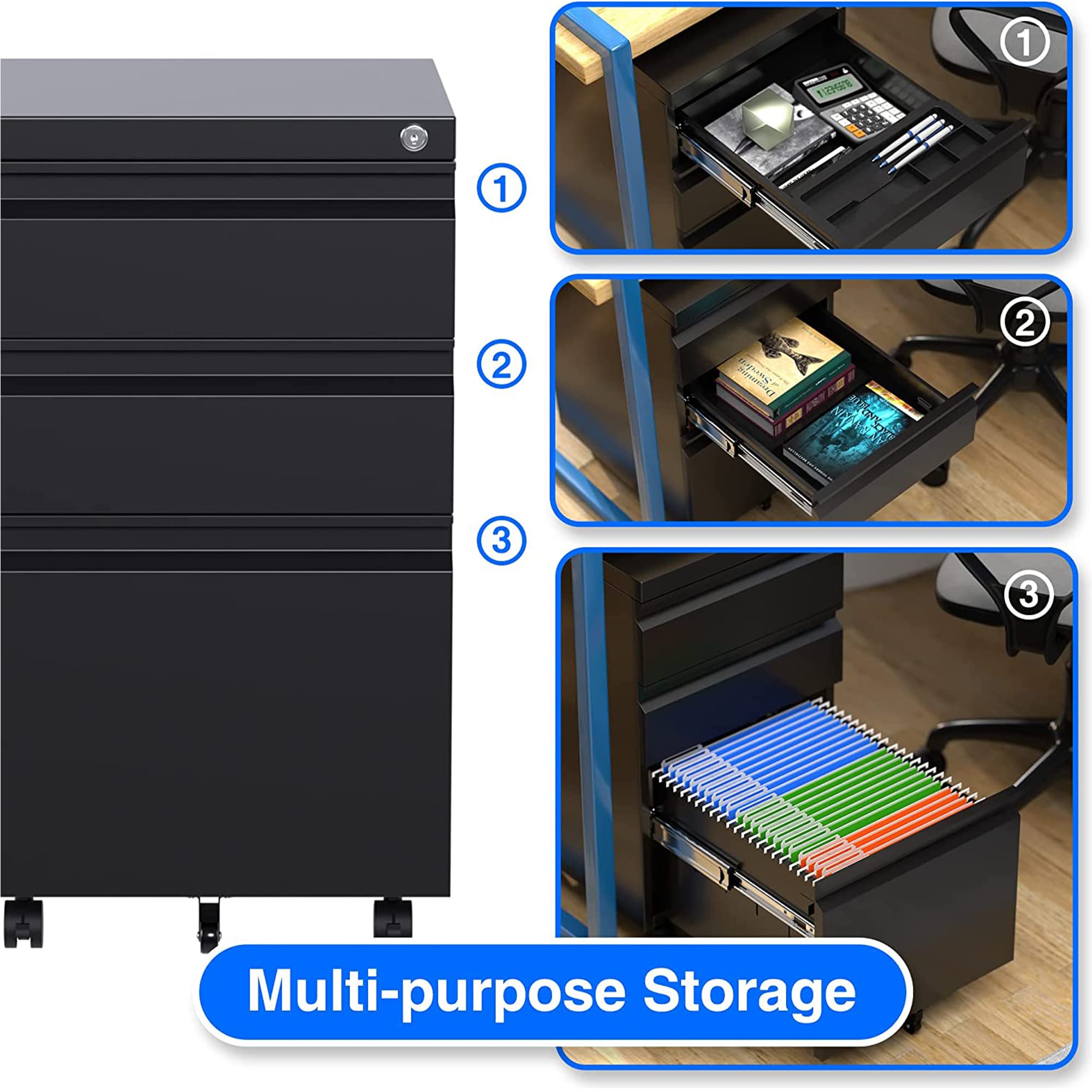 Aobabo 3-Drawer Lockable Metal File Cabinet with Wheels - Letter/Legal Size Home Office Storage - Black (Pre-Assembled) | Perfect for Organizing Documents in Small Businesses, Home Offices & Workspaces