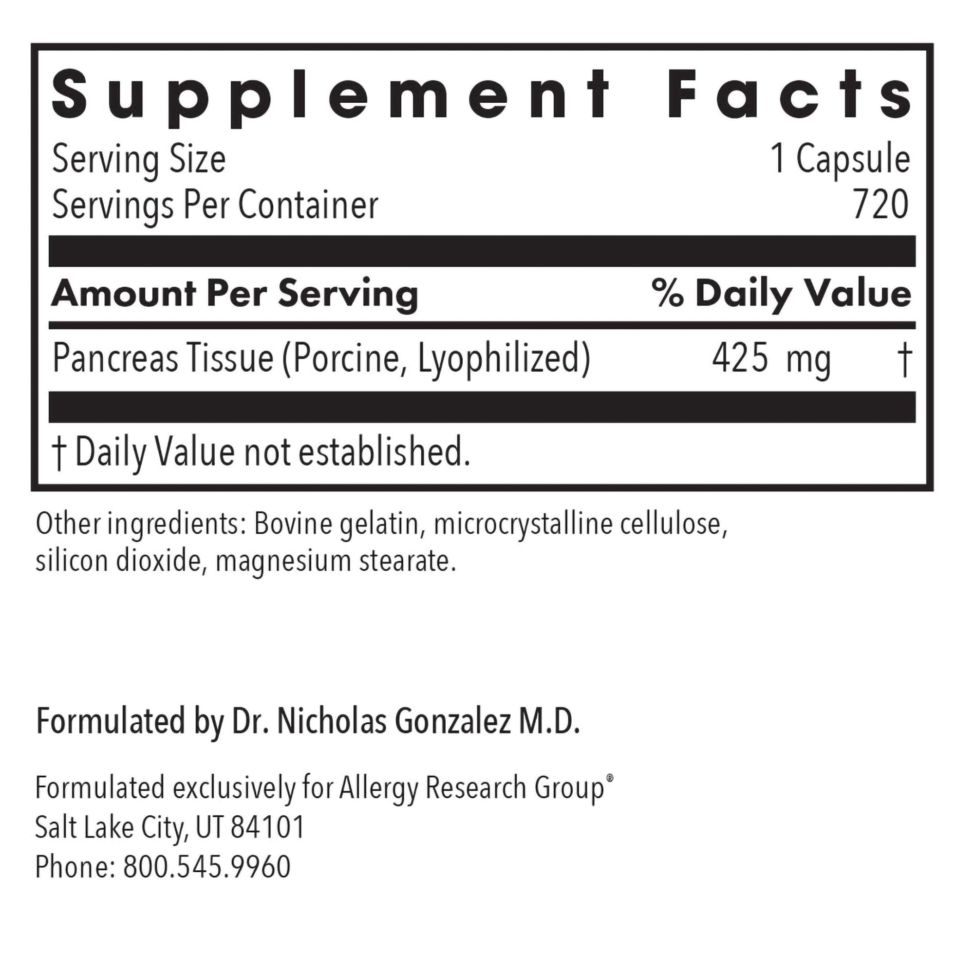 Allergy Research Group Pancreas Dietary Supplement - 720 Count | Digestive Support with Natural Pork Glandur | Hypoallergenic, Vegetarian & Gluten-Free Capsules | Ideal for Gut Health & Enzyme Support