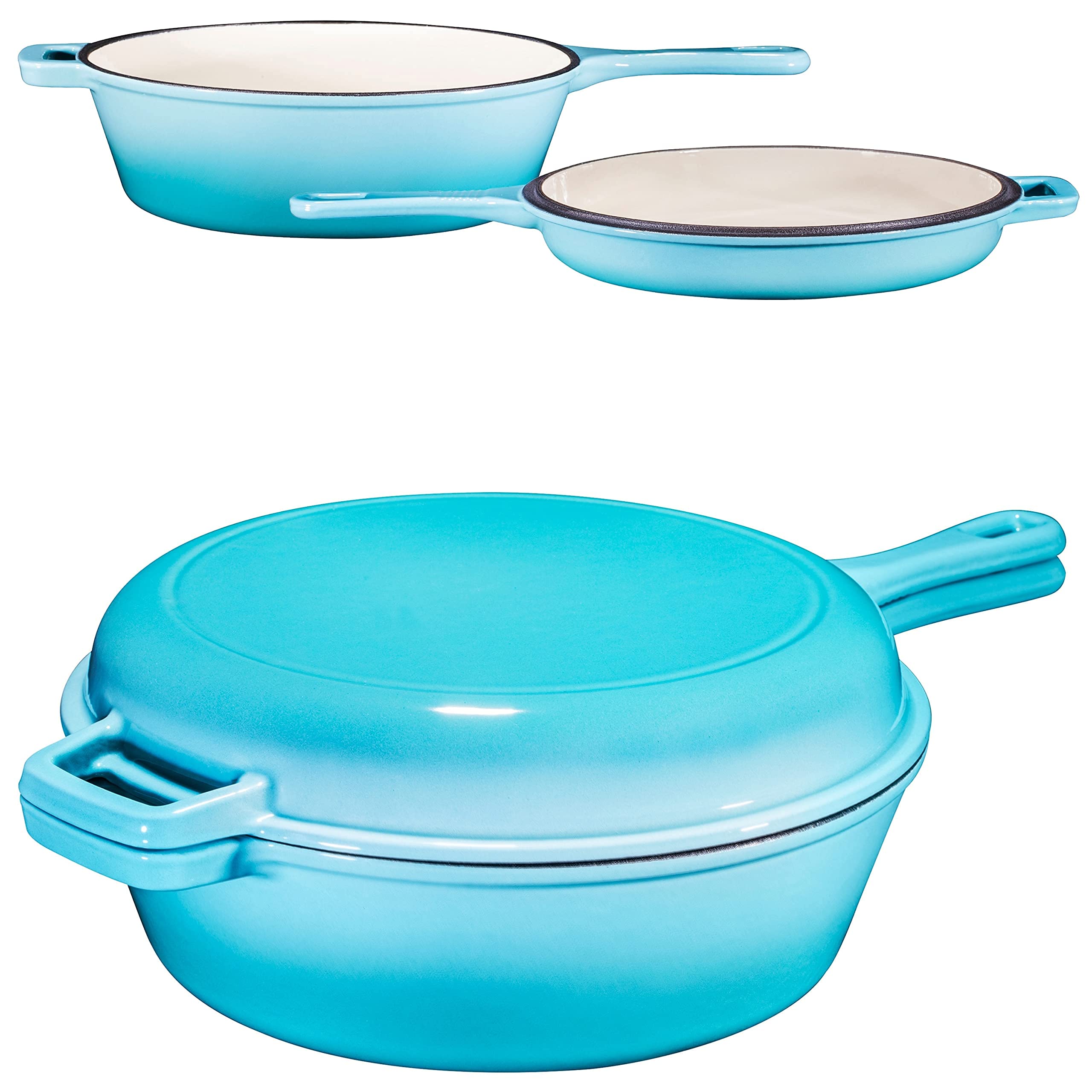 Bruntmor 2-in-1 Blue 3 Quart Pre-Seasoned Cast Iron Dutch Oven with Handle & Mini Skillet - All-in-One Cookware Set for Braising, Frying, Baking - Perfect for Camping, Outdoor Cooking, Backpacking & Home Kitchen Use