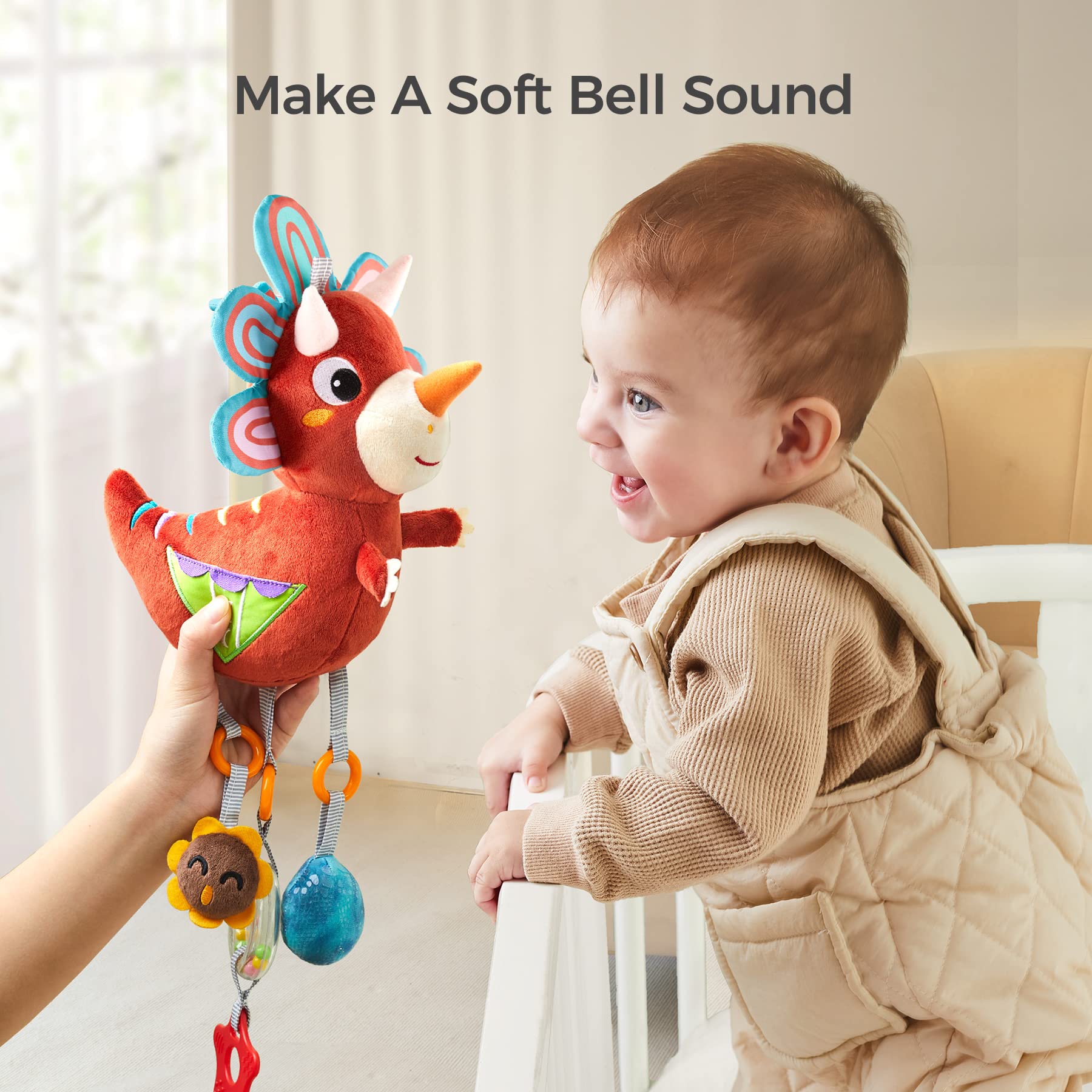 TUMAMA Baby Car Seat Toys for 3-12 Months - Dinosaur Hanging Toys with Wind Chimes, Rattle Beads & Teether - Removable Stroller, Crib & Gym Mat Mobile Plush Toys for Newborn Boys & Girls - Perfect for Travel, Playtime & Sensory Development