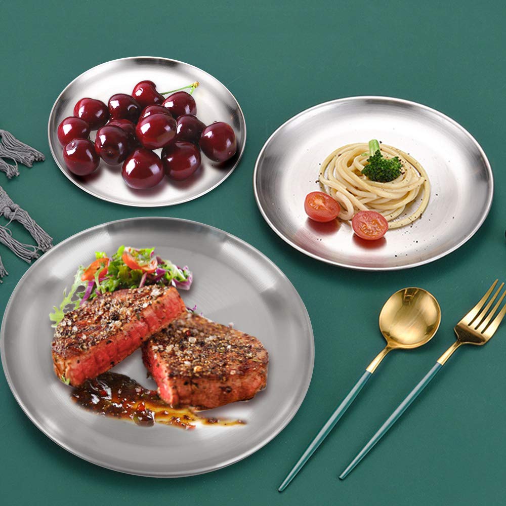 12 Pack Stainless Steel Plates - Reusable Brushed Metal Dinner Plates for Picnic, BBQ, Steak & Outdoor Dining - Durable Silver Dishes for Camping, Parties & Restaurant Use