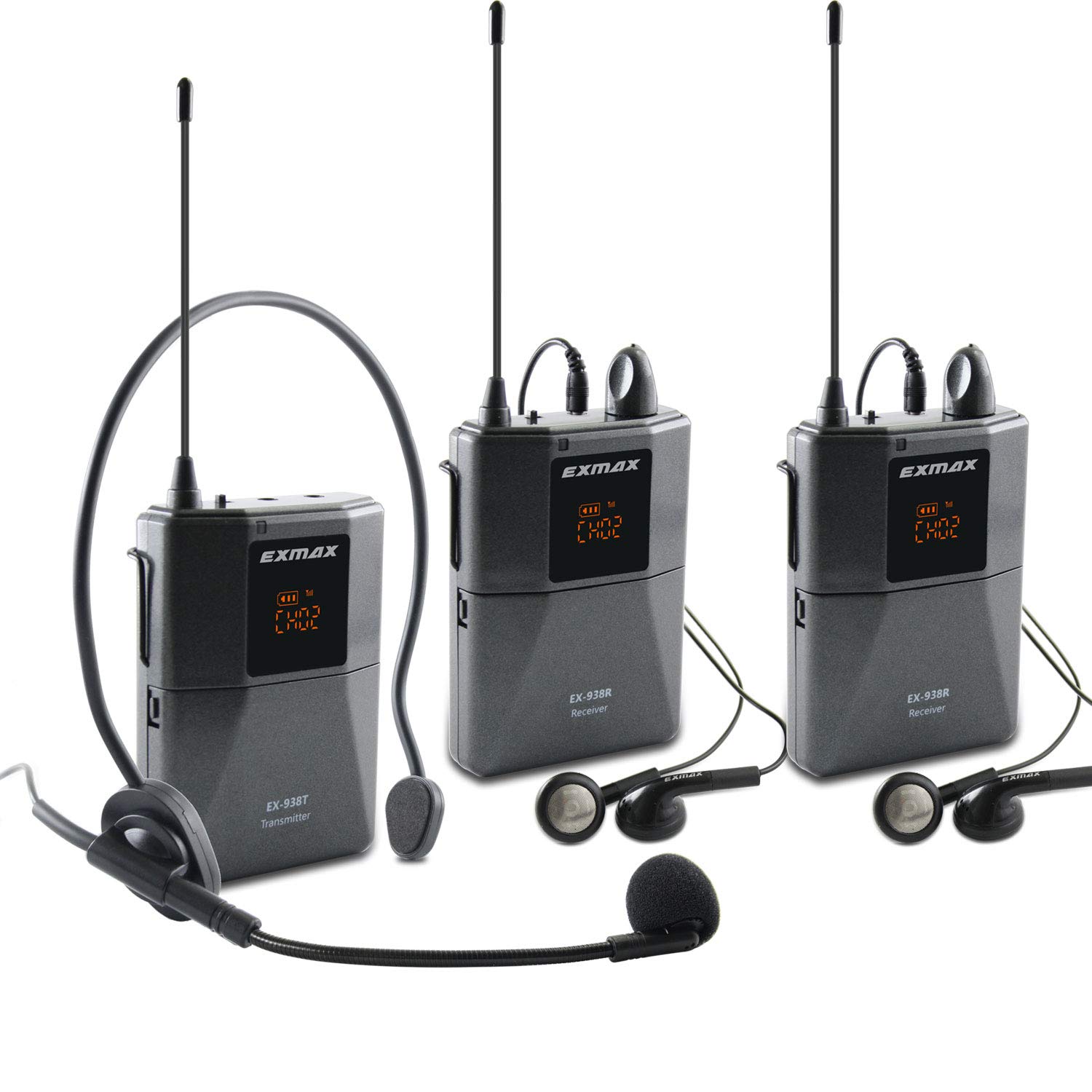 EXMAX UHF-938 Wireless Headset Microphone System - UHF Acoustic Transmission for Church Worship, Tour Guide, Translation Teaching & Travel (1 Transmitter + 2 Receivers) | Perfect for Simultaneous Interpretation, Public Speaking & Outdoor Events