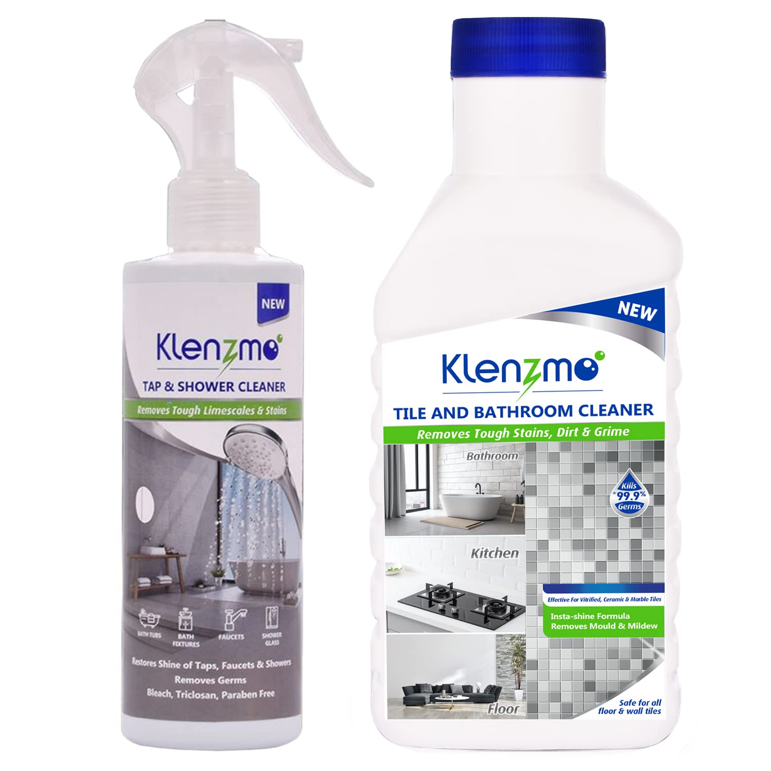 Klenzmo Complete Bathroom Cleaner Kit - 850ml Tile & Bathroom Cleaner + 270ml Tap & Shower Cleaner | All-in-One Bathroom Cleaning Solution for Tiles, Sinks, Showers & Faucets | Perfect for Deep Cleaning & Daily Maintenance
