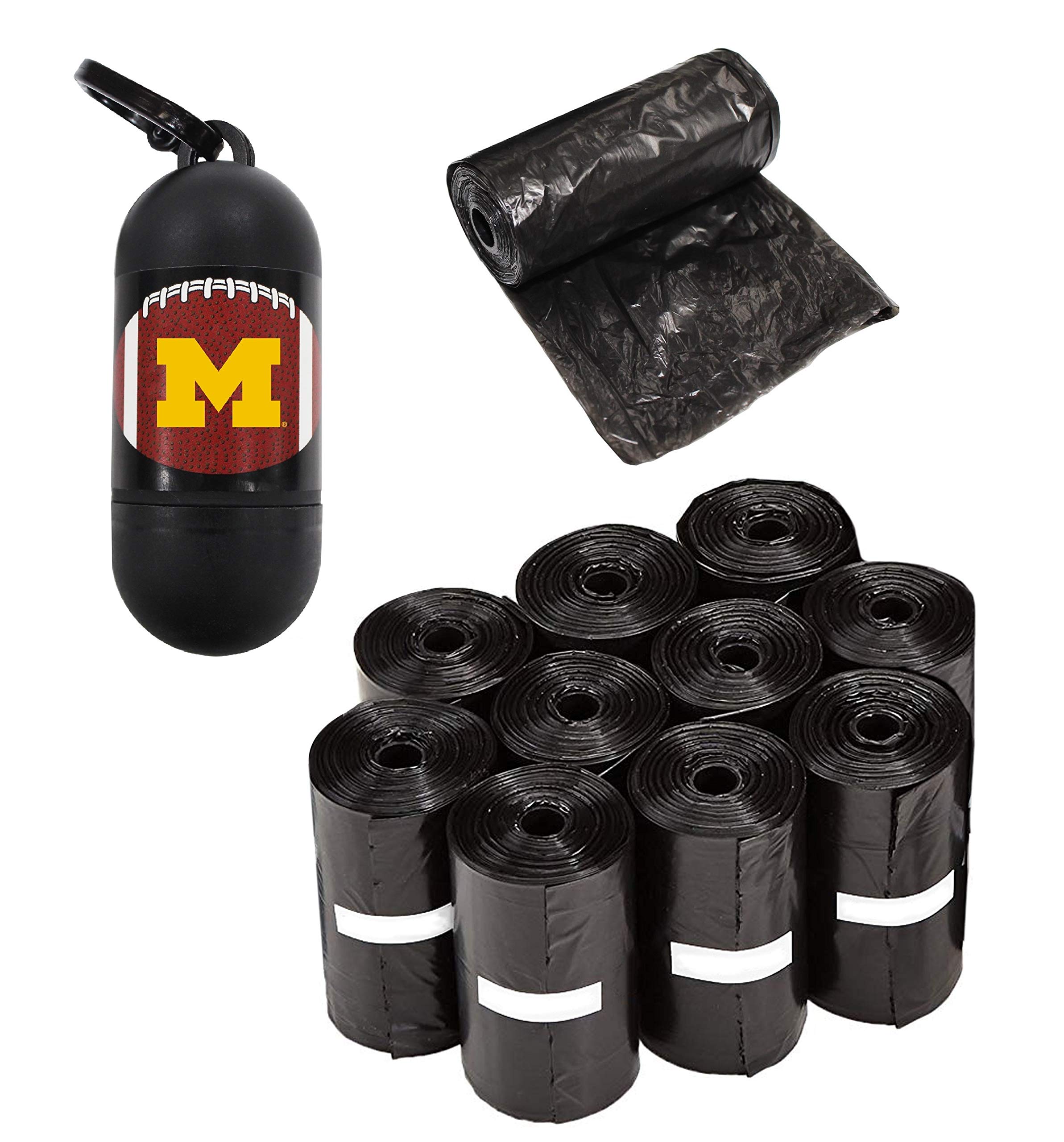 NCAA Michigan Wolverines Licensed Dog Poop Bag Dispenser with Leash Clip - Includes 150 Premium Waste Bags for Dogs | Perfect for Campus Walks, Game Day Outings & College Pet Owners