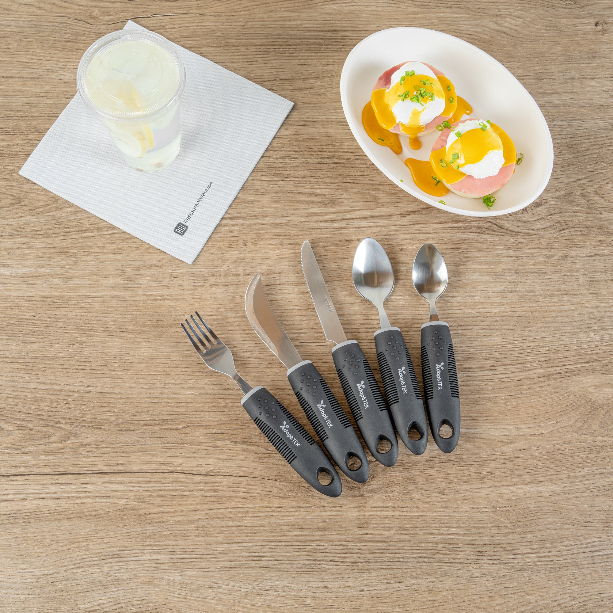 Adapt Tek Black Stainless Steel 5-Piece Adaptive Utensil Set - Lightweight, Non-Slip Grip, Ergonomic Design for Easy Eating (1 Count) - Perfect for Seniors, Arthritis & Disability Assistance at Home or Travel
