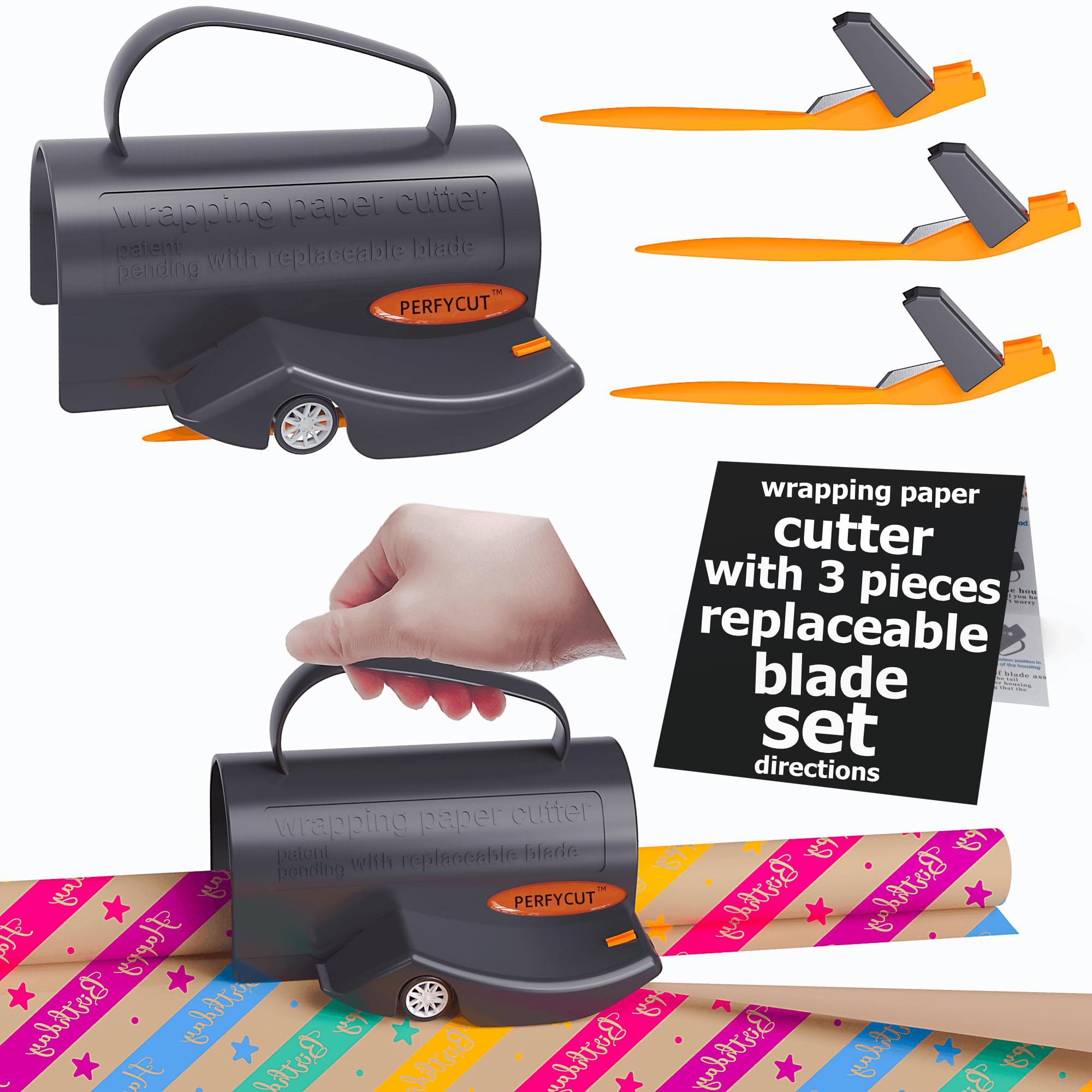Premium Wrapping Paper Cutter with 3 Replaceable Blades - Gift Wrapping Tool for Birthday, Christmas & Holiday Presents - Easy Sliding Slicing & Tube Holder - Perfect for Home, Office & Crafting Projects