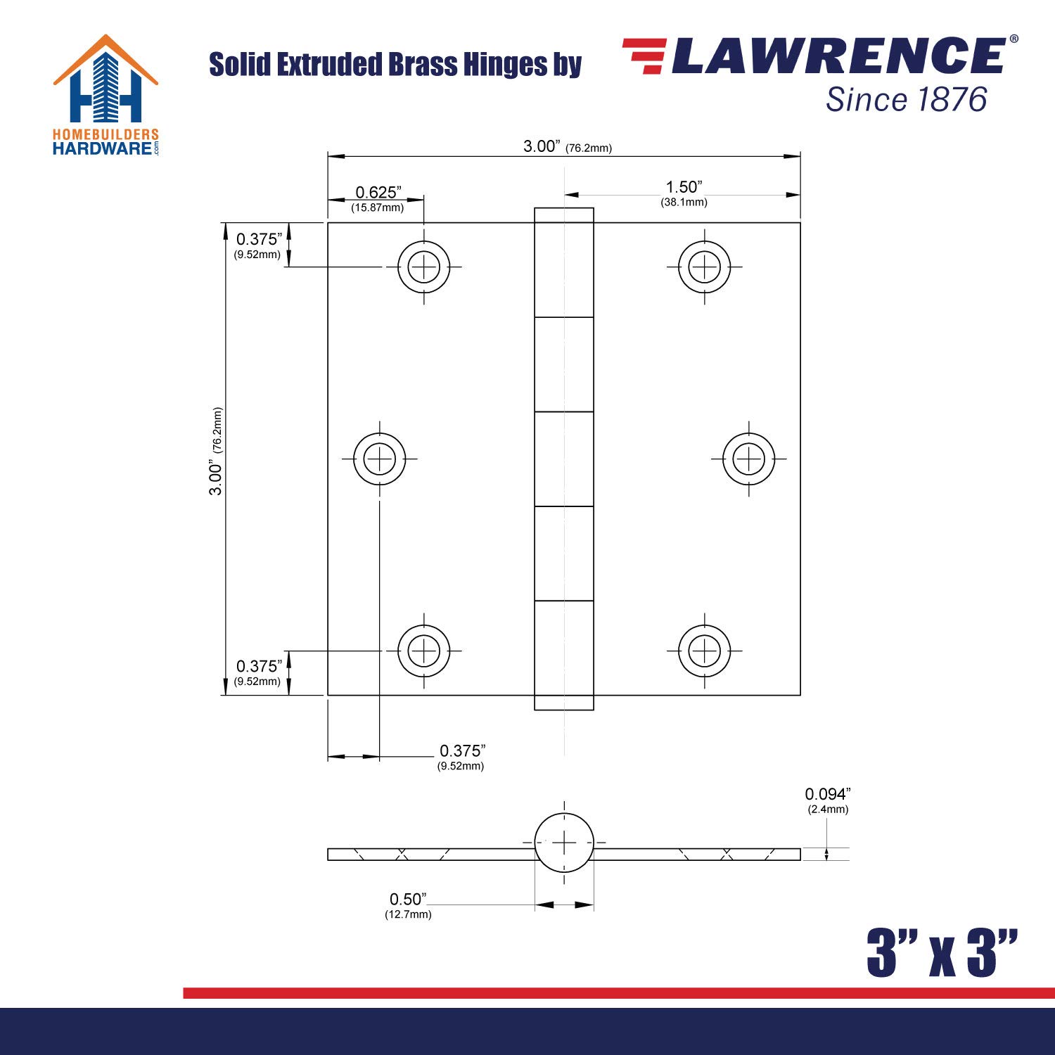 Solid Brass Door Hinge 3x3 Inch - Heavy Duty Rustproof for Home & Office