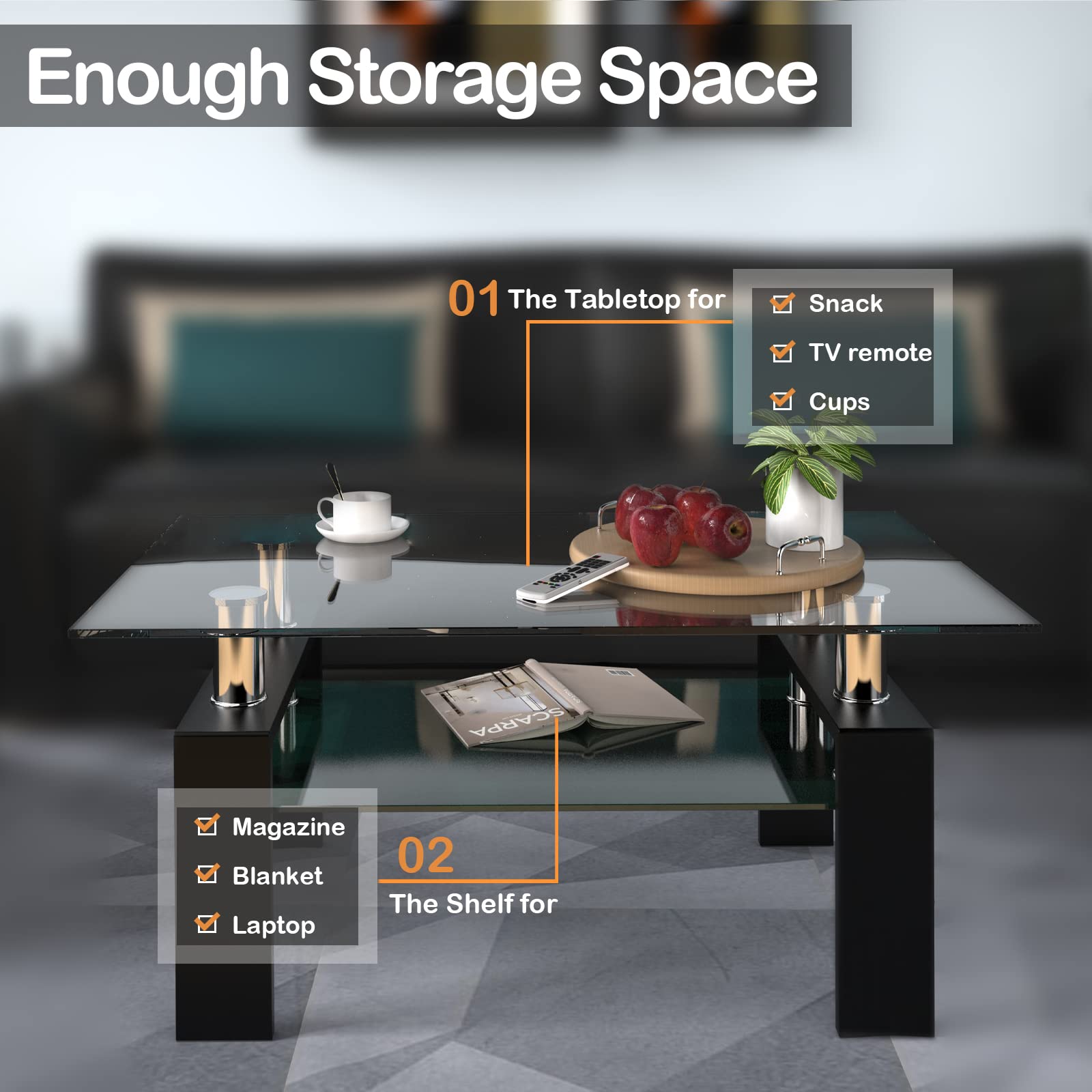 NAFORT Modern 2-Tier Rectangle Coffee Table with Tempered Glass Top & Sturdy Metal Legs - Living Room Center Table with Storage Shelf | Perfect for Small Spaces, Apartments & Contemporary Home Decor