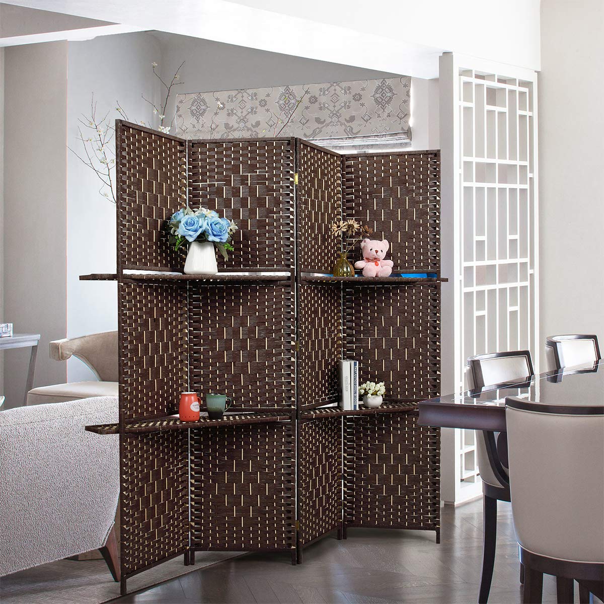 JAXPETY 4-Panel Woven Fiber Room Divider - 6ft Tall Freestanding Folding Privacy Screen with 2 Partitions for Living Room, Bedroom, Office & Dining Room - Dark Brown | Perfect for Home Decor, Space Separation & Indoor Privacy Solutions