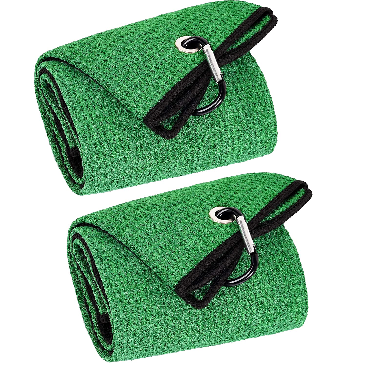 Premium 2-Pack Tri-Fold Golf Towels - Super Absorbent Microfiber Waffle Pattern with Heavy Duty Carabiner Clip - Green Golf Accessories for Men - Perfect for Golf Bags, Clubs & On-Course Use