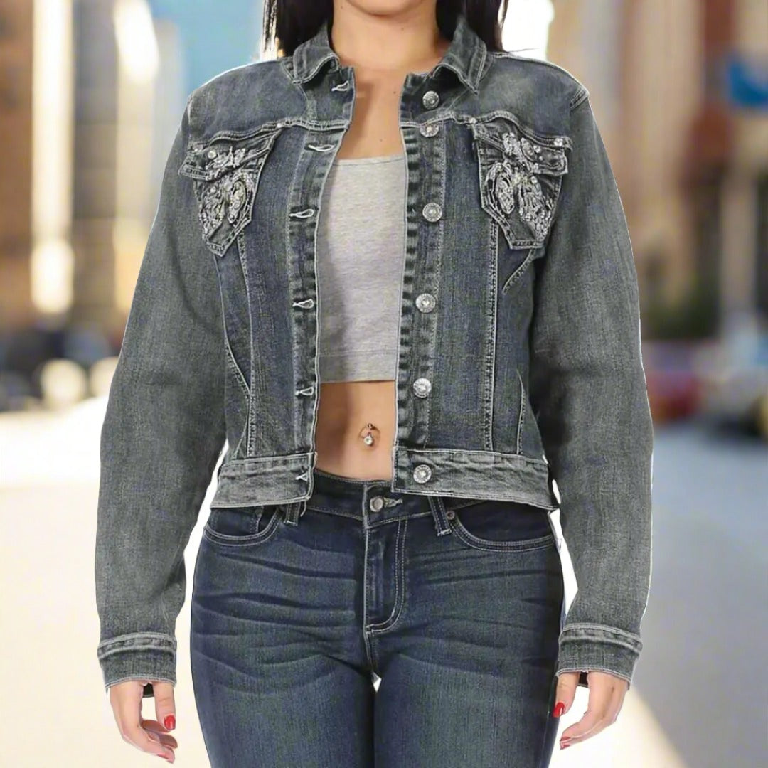 Platinum Plush Women's Motorcycle Graphic Denim Jacket - Stylish Biker Jacket for Women - Perfect for Riding, Casual Outfits & Night Out