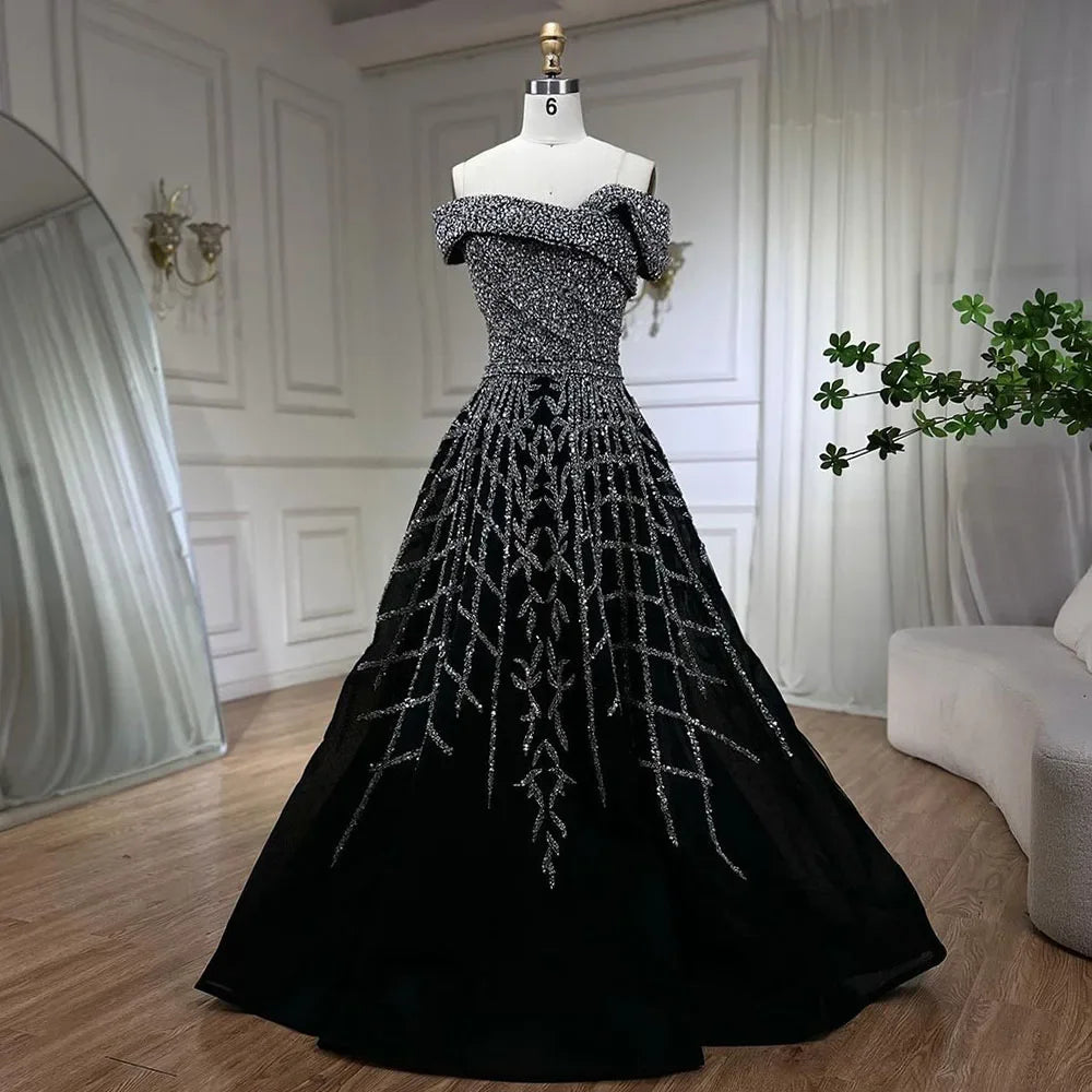 Serene Hill Elegant Black Beaded A-Line Evening Gown 2025 | Off-Shoulder Luxury Long Party Dress for Women | Perfect for Galas, Weddings & Formal Events - LA72224