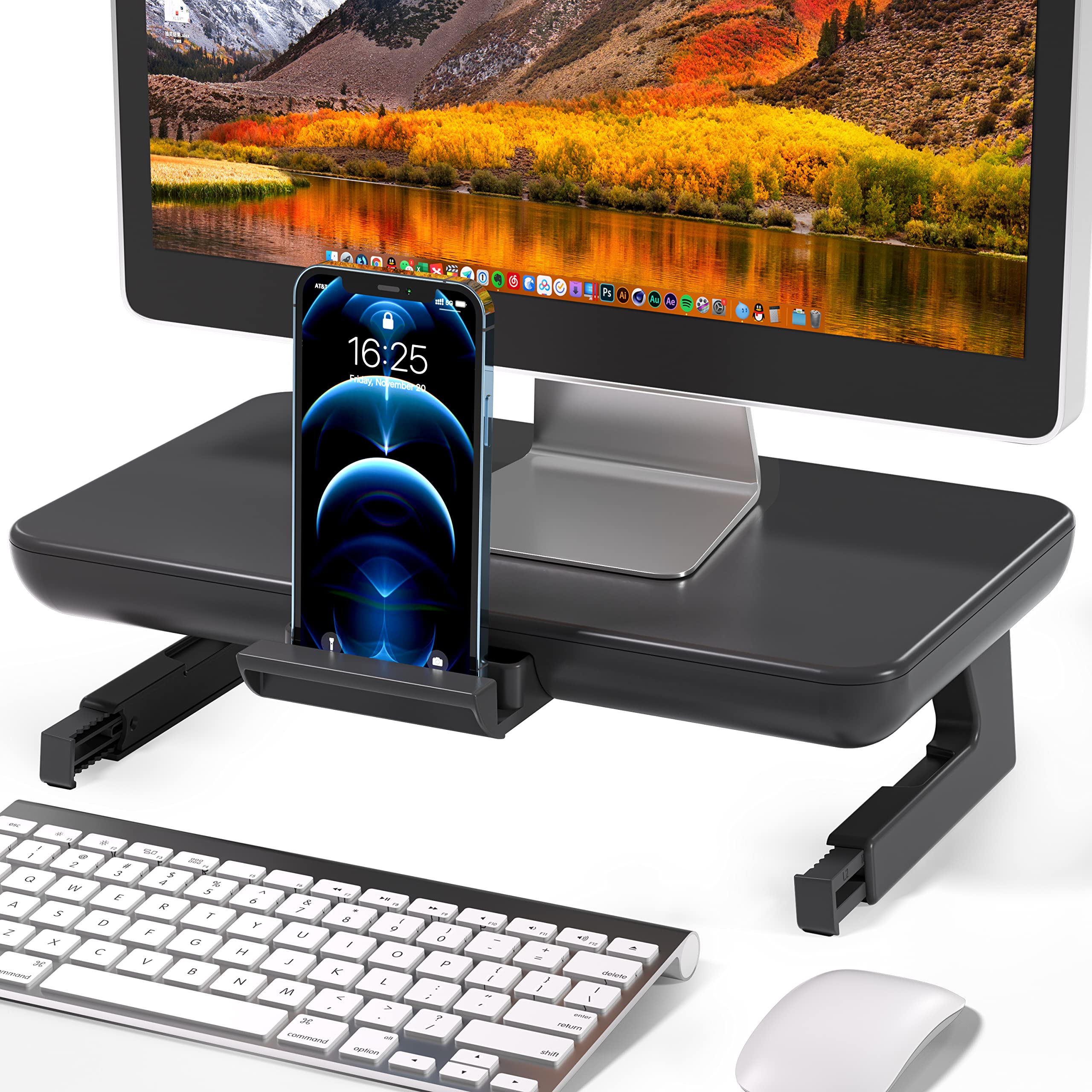 Adjustable Monitor Stand Riser with Storage Drawer & Tablet Holder - Ergonomic Computer Desk Organizer for Laptop, PC, Printer - Perfect for Home Office Workspace (Black)