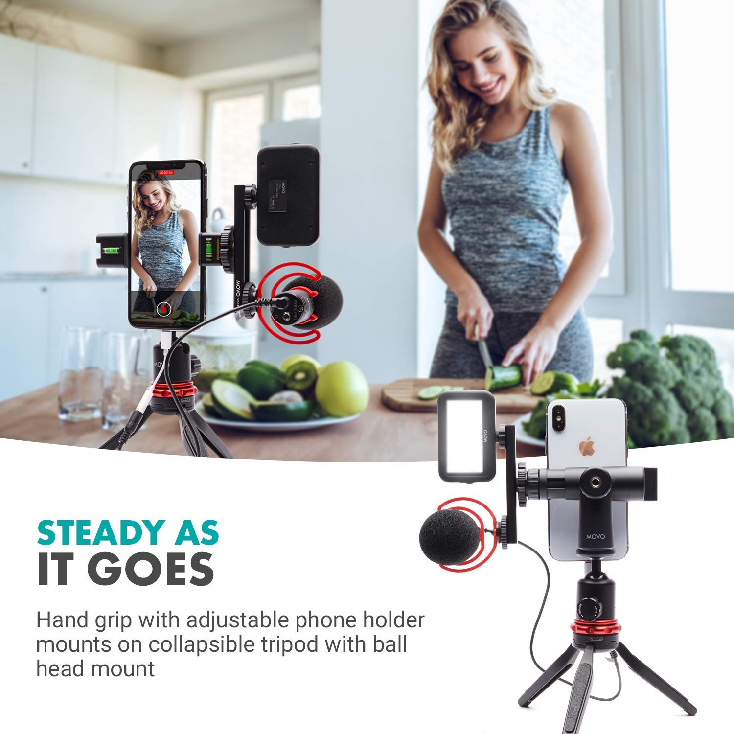 Movo VXR10-PRO+ Smartphone Video Rig Kit with Pro Shotgun Microphone, LED Light & Mini Tripod - Compatible with iPhone 11/11 Pro Max/SE/XS/XR/X & Android Phones - Perfect for Vlogging, YouTube Videos & Live Streaming