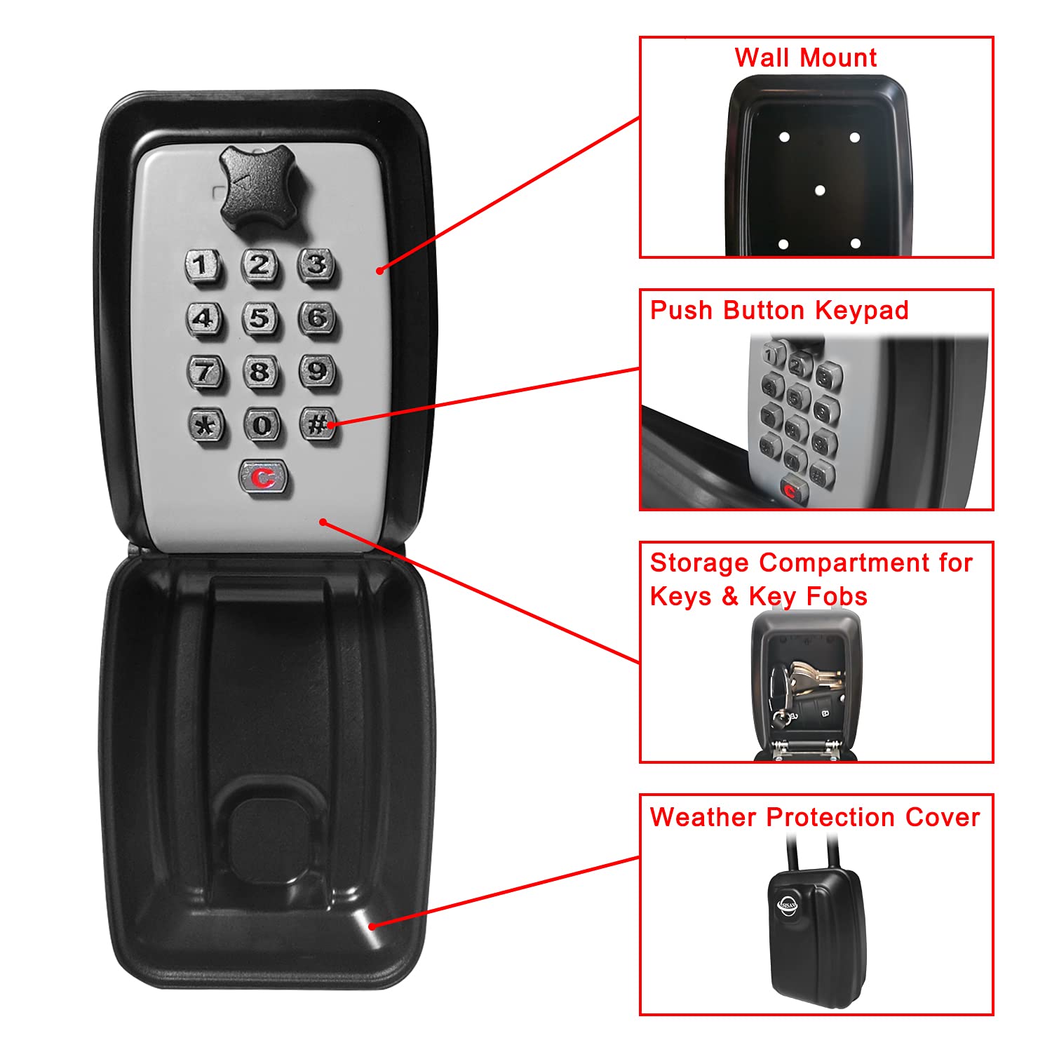 Waterproof Push Button Lock Box - Outdoor Wall Mounted Key Storage with 10-Digit Resettable Code | Heavy Duty Weatherproof Protective Shell | Large Capacity Key Safe for Home, Garage & Vacation Rental | Perfect for Hidden Spare Key Storage & Property Access Management