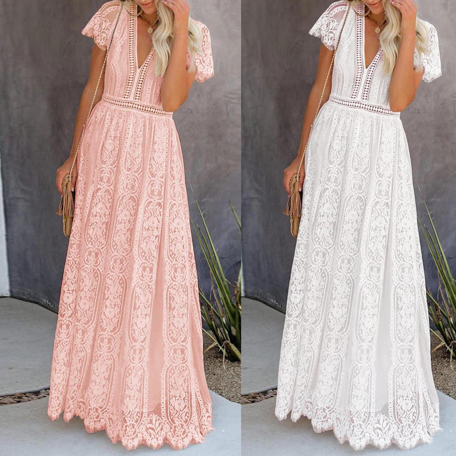 Elegant RKSTN Summer Maxi Dress for Women - V-Neck Short Sleeve Floral Lace Dress | Wedding Guest, Bridesmaid & Prom Long Dress 2024 | Perfect for Beach Parties, Garden Weddings & Formal Events