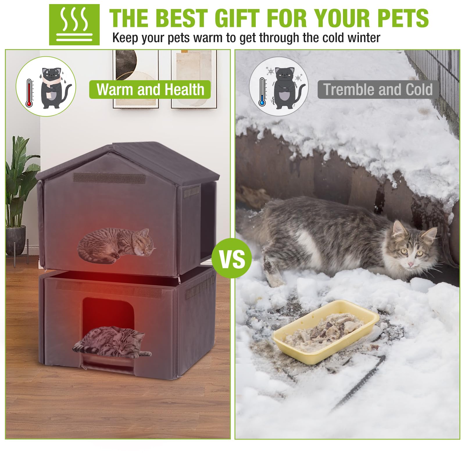 GUTINNEEN Insulated Weatherproof Outdoor Cat House - 2-Story Winter Shelter for Feral Cats with Escape Door | Perfect for Backyard, Garden & Cold Weather Protection