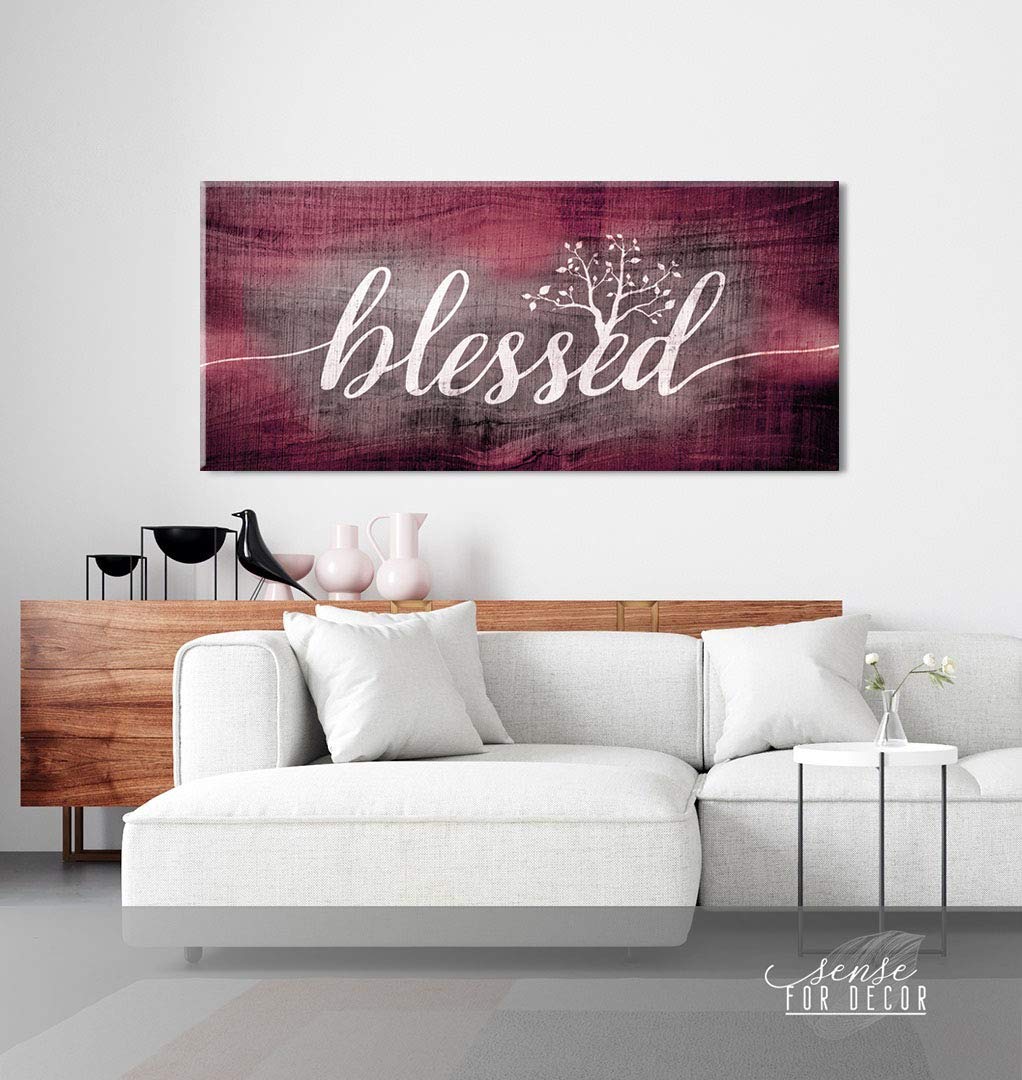 Christian Wall Art - Blessed Sign & Thankful Quotes Religious Home Decor - 42x19 Inch Wine Red Blessed Word Sign - Perfect for Church, Living Room & Bedroom Inspiration