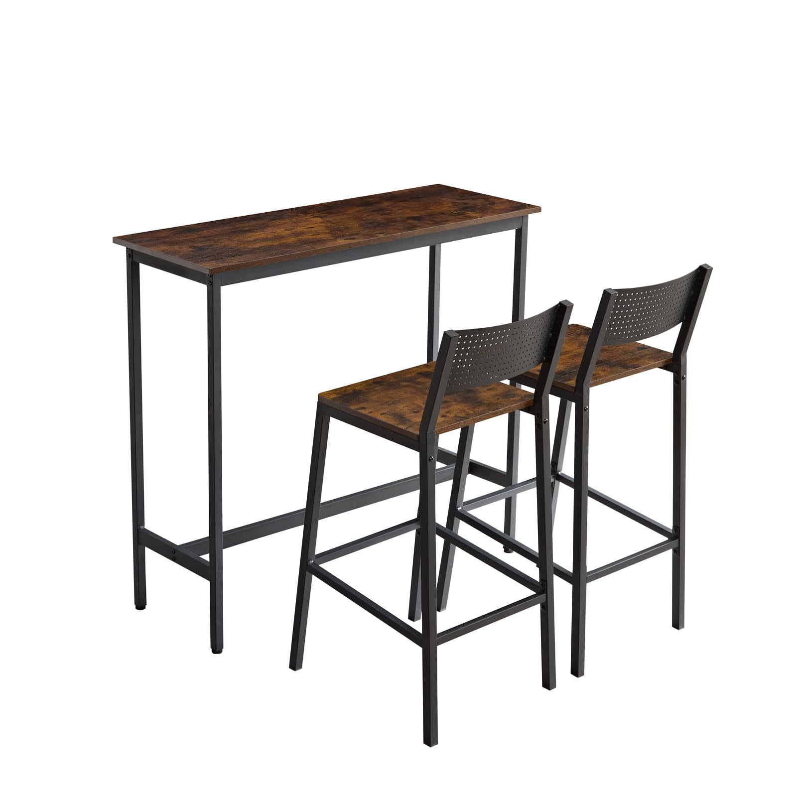 3-Piece Industrial Bar Table and Chairs Set for 2 - Adjustable Height Metal Base Kitchen Counter Dining Set in Brown | Perfect for Small Spaces, Bars, Restaurants & Home Kitchens