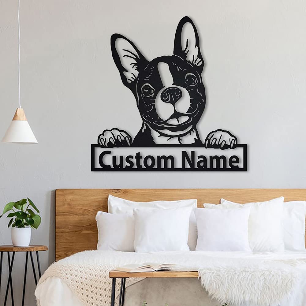 Custom Personalized Boston Terrier Dog Metal Sign Art - Engraved Pet Name Plaque - Unique Dog Lover Gift for Men & Women - Perfect for Home Decor, Office, or Kennel Wall Art