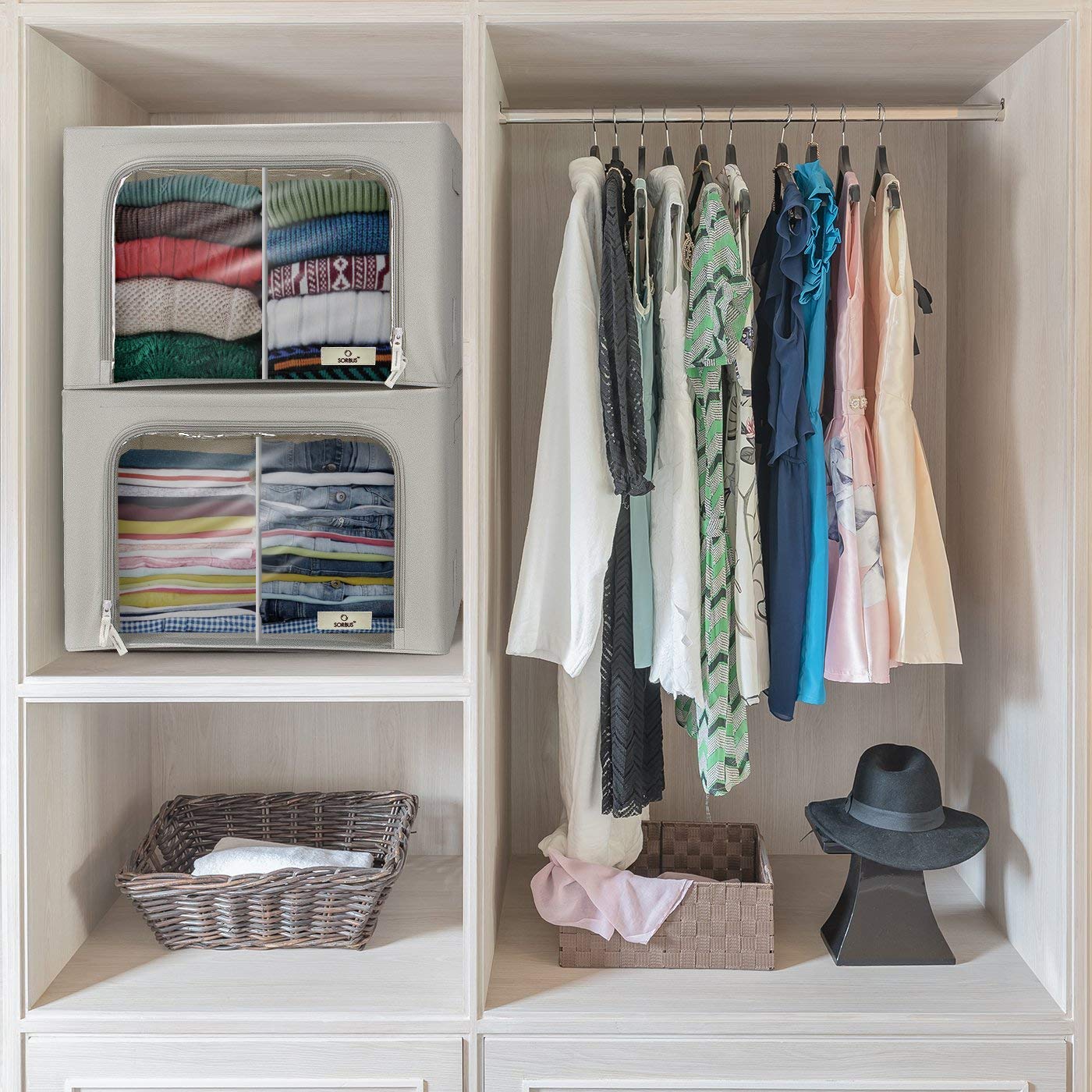 Sorbus Storage Bins with Divided Compartments - Large Stackable Foldable Organizer Bins with Metal Frame, Durable Oxford Fabric, Clear Window & Carry Handles - Perfect for Bedroom, Closet, Linen & Clothing Storage - Ideal for Home Organization, Seasonal Clothes & Kids' Room