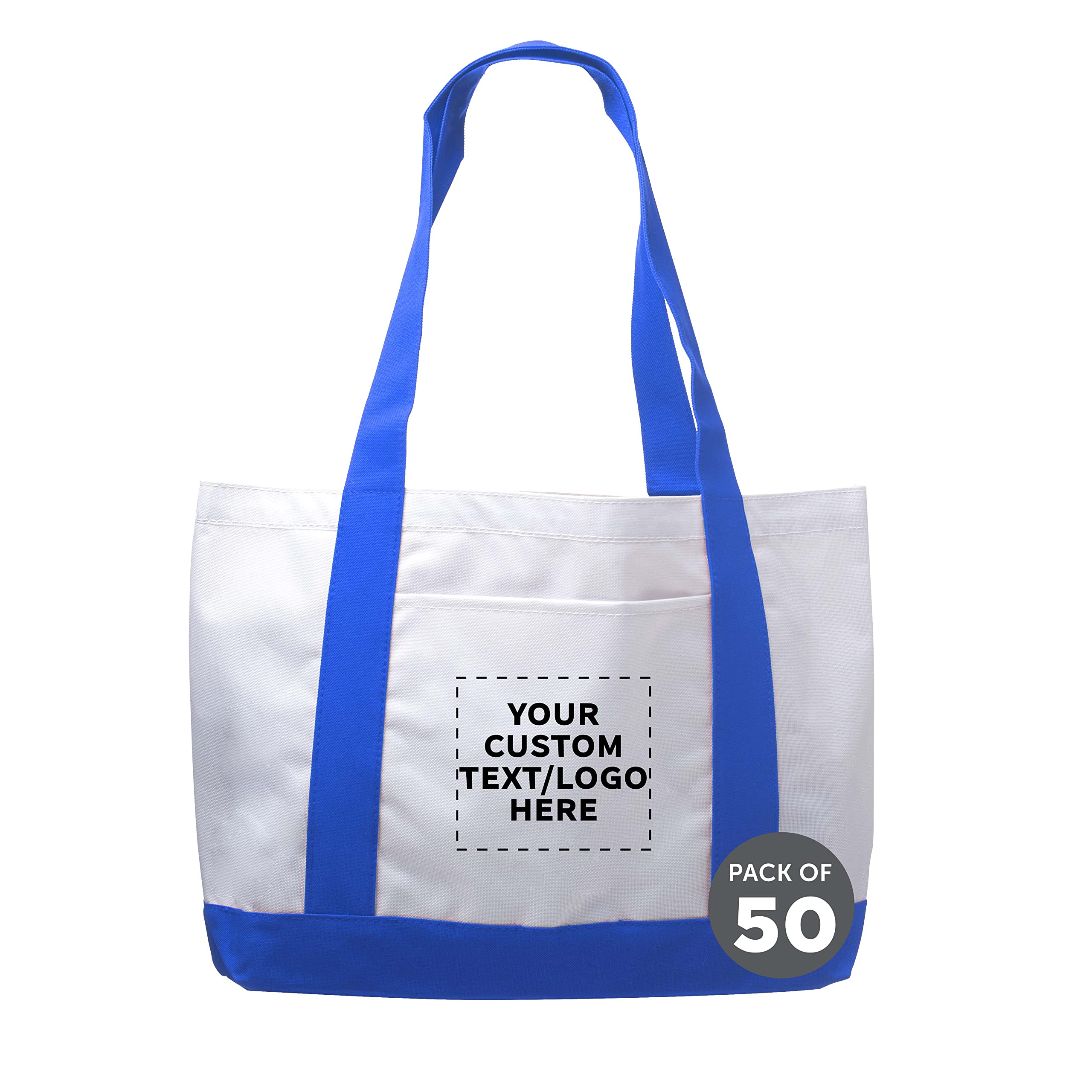 50 Pack Customizable Canvas Tote Bags with Reinforced Straps & Front Pocket - Bulk Polyester Shoulder Bags for Promotions, Events, Retail & Business Branding - Fashionable Blue Design for Shopping, Beach & Everyday Use