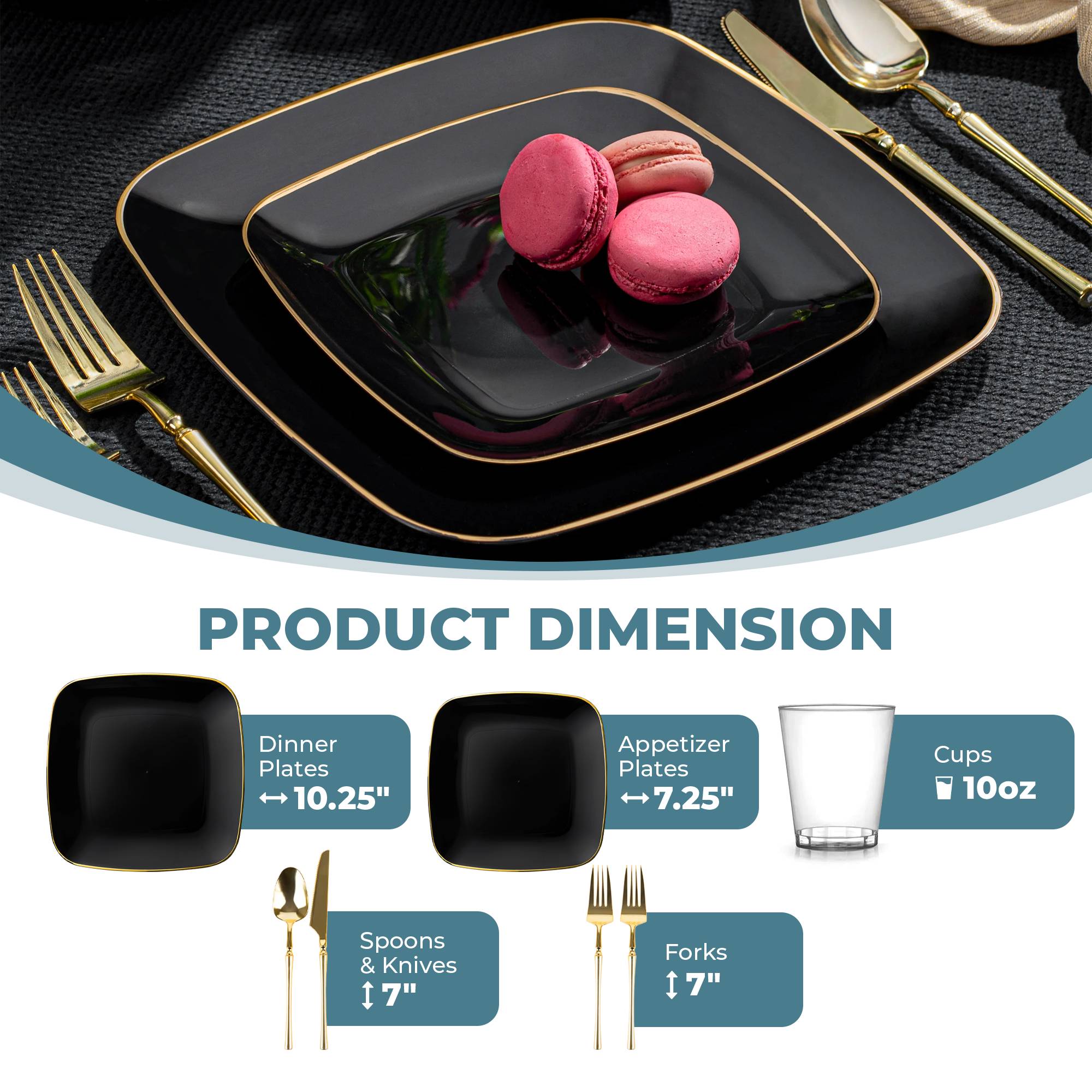 Black and Gold Plastic Party Bundle - Classic Square Disposable Plates, Cups, and Cutlery Set for Birthday, Wedding, and Holiday Celebrations