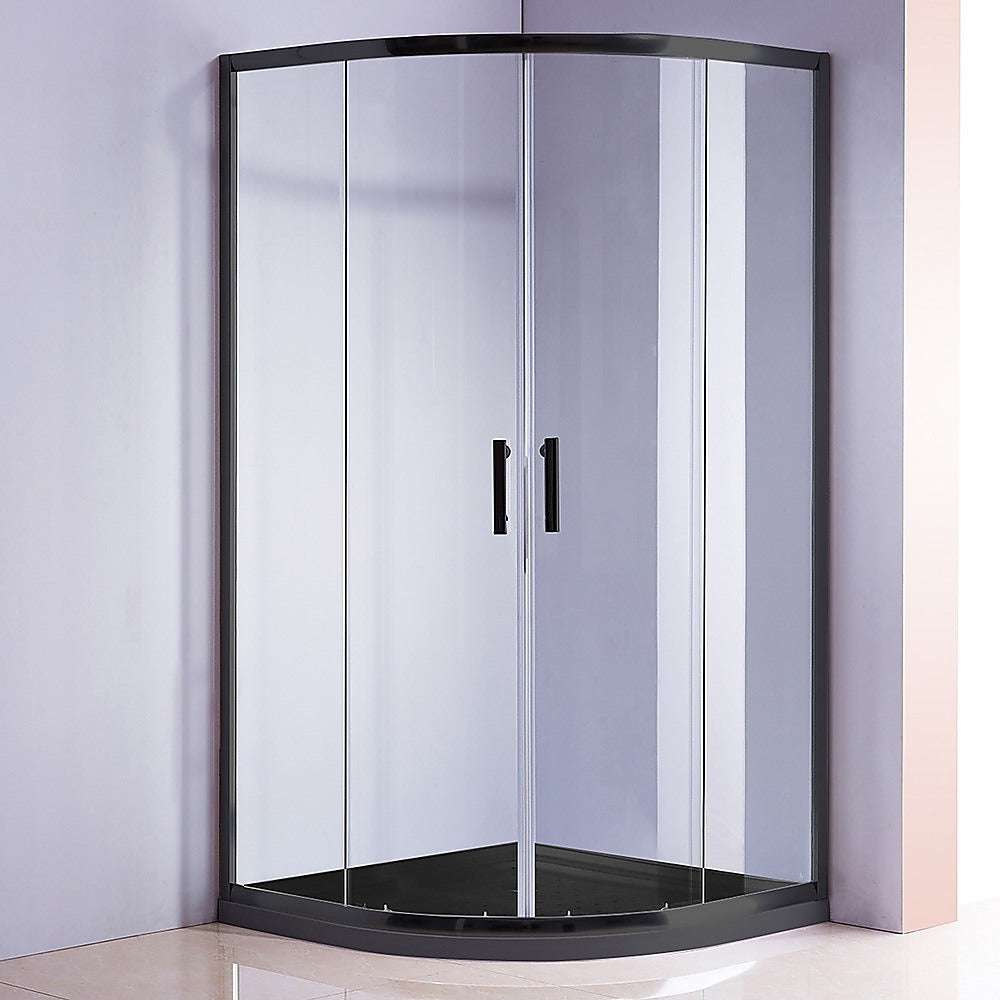 6mm Black Frameless Curved Shower Screen with Base - 100x100cm Rounded Sliding Glass Door for Bathroom & Wet Room Installation