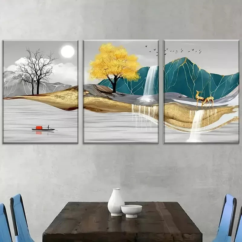 3-Piece Modern Abstract Golden Nature Landscape Art Set - Framed Canvas Wall Decor 50x70cm (20x28in) - High Quality Print, 100% Australian Made, Ready to Hang - Perfect for Living Room, Bedroom & Office Decor