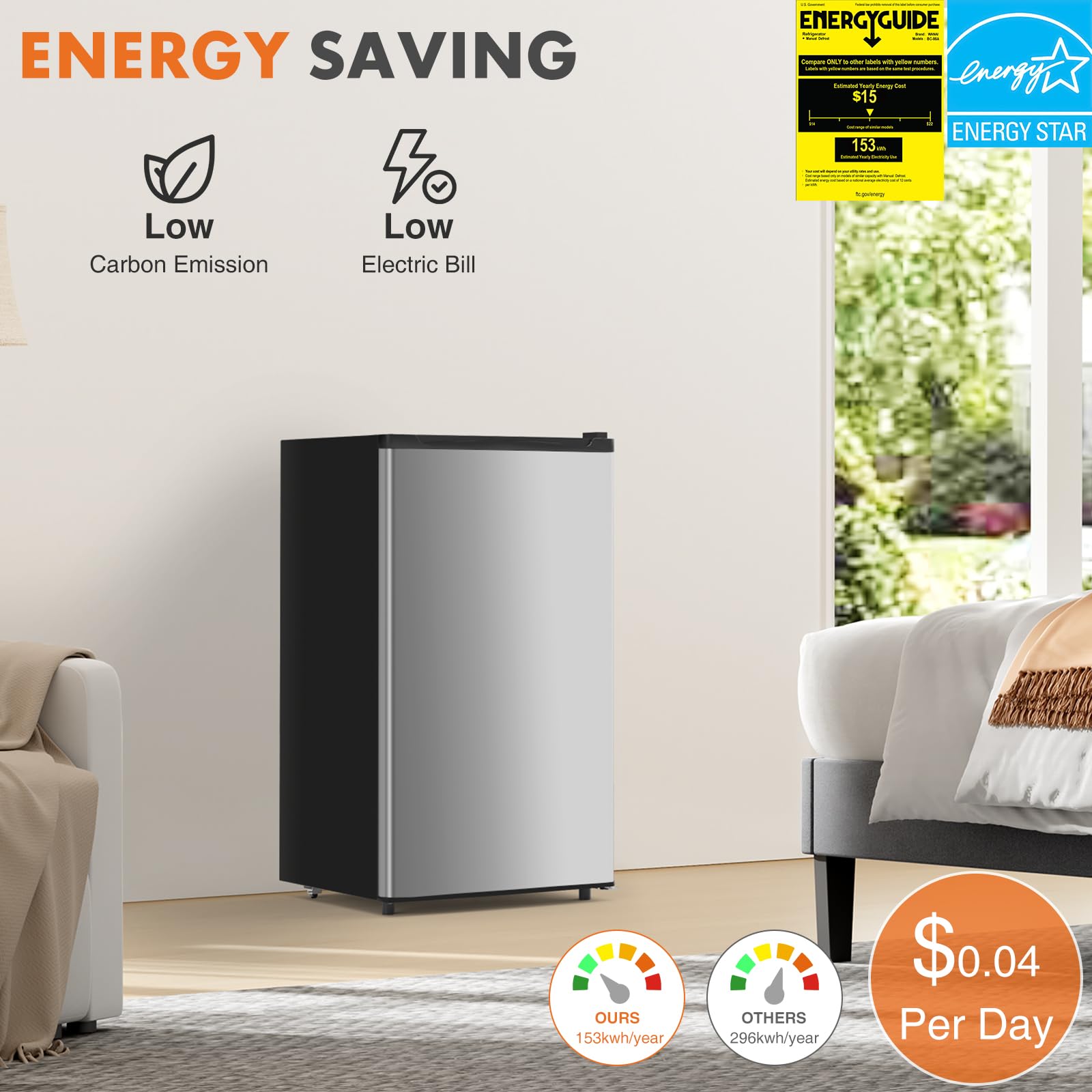 Sweetcrispy 3.2 Cu.Ft Mini Fridge with Freezer - Compact Single Door Refrigerator with Adjustable Thermostat, Energy Efficient & Low Noise - Perfect for Bedroom, Office, Dorm, Apartment, RV, or Small Spaces (Silver Door) - Keep Drinks Cold & Food Fresh Anywhere