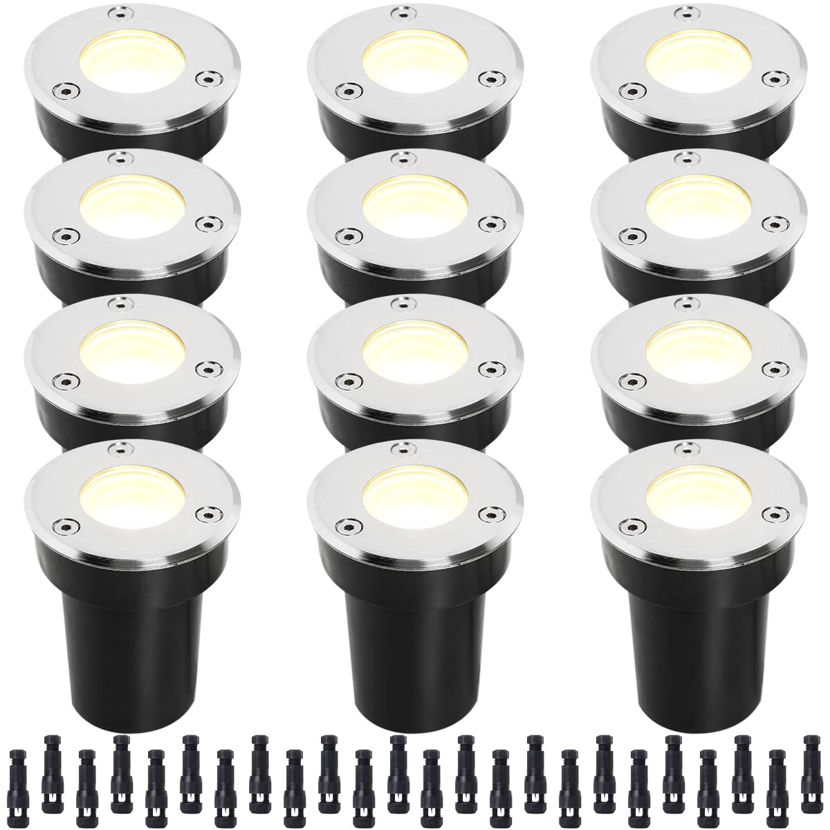 EAGLOD 12-Pack 3W Low Voltage LED Landscape Well Lights, 12V/24V IP67 Waterproof Outdoor Ground Lights with Wire Connectors - 3000K Warm White for Garden, Deck, Yard, Walkway, and Pathway Lighting