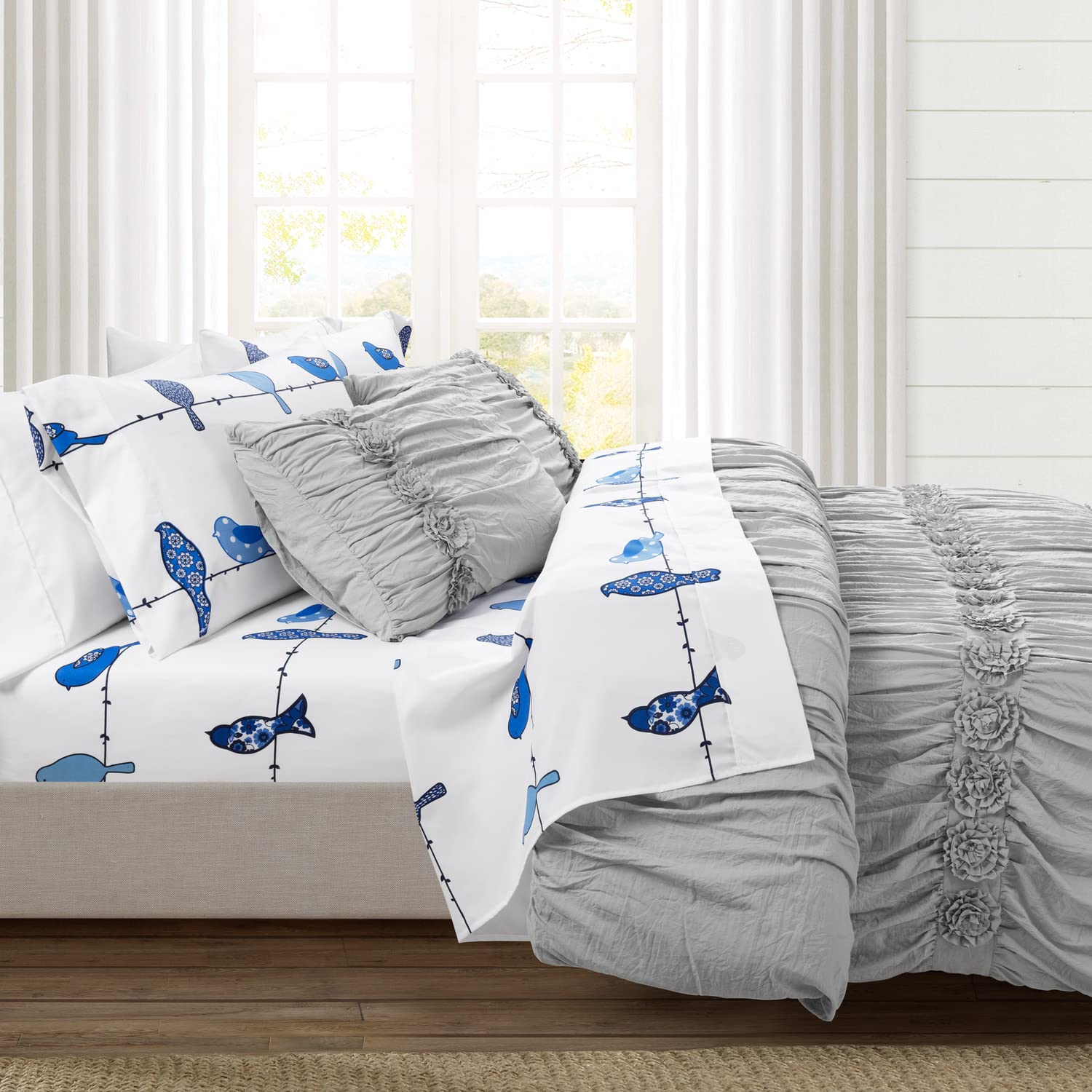 Lush Decor Rowley Birds 6-Piece King Sheet Set - Soft, Durable Navy Blue Bedding with Whimsical Floral Bird Pattern | Perfect for Master Bedroom, Guest Room & Boho Chic Home Decor