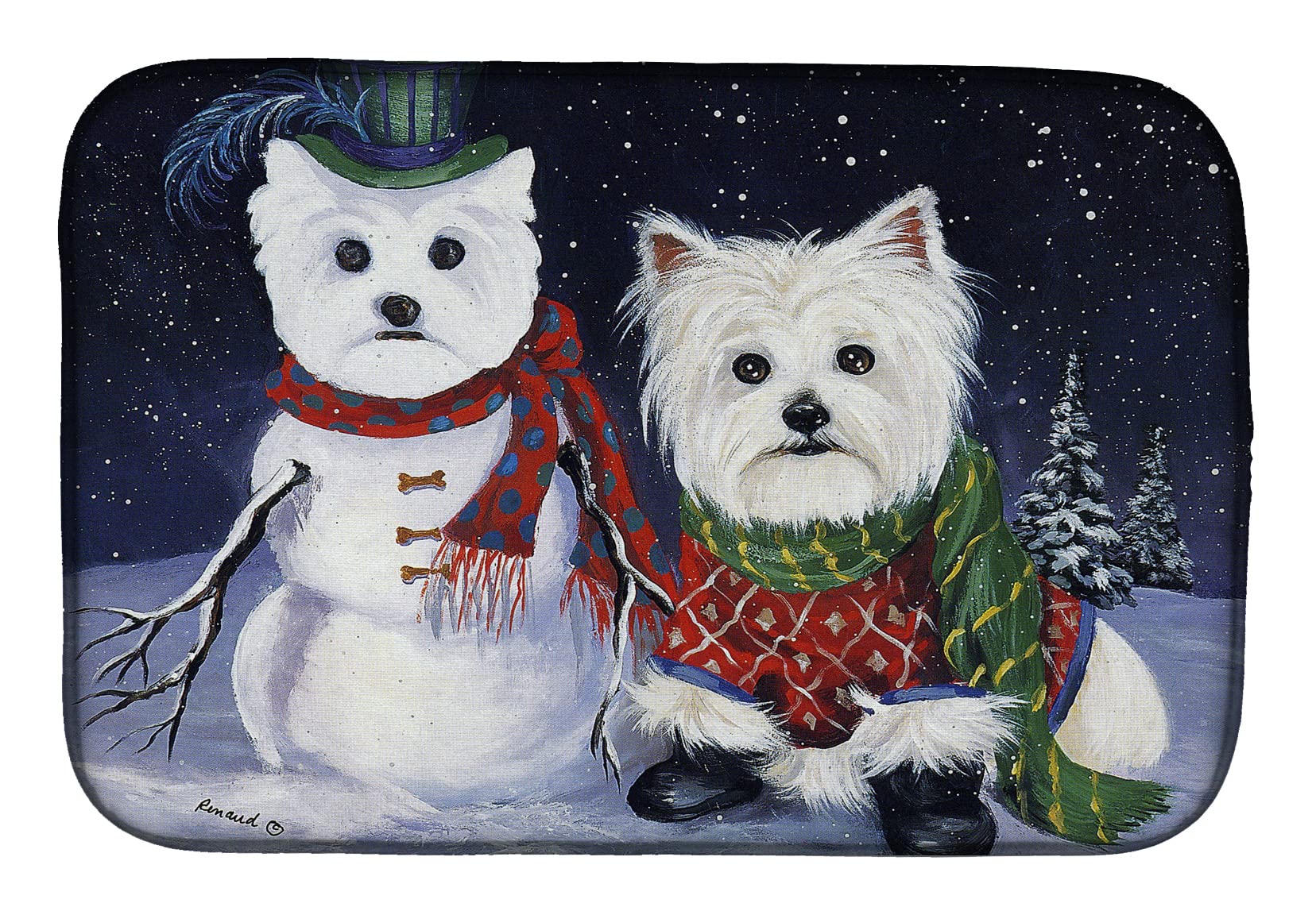 Westie Christmas Dish Drying Mat - Absorbent Kitchen Counter Pad for Holiday Decor