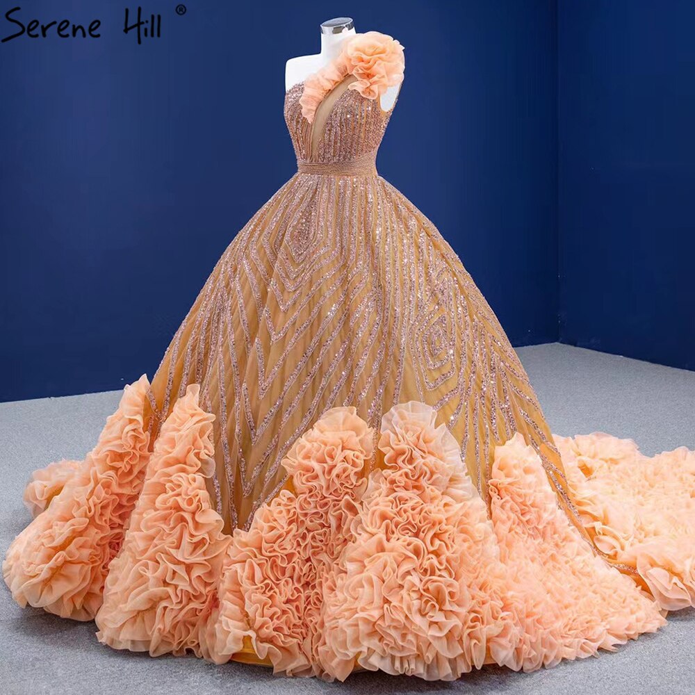 Serene Hill Luxury Orange One Shoulder Wedding Dress 2025 - High-End Beaded Ruched Bridal Gown HM67358 | Custom Made for Beach Weddings, Destination Elopements & Romantic Photoshoots