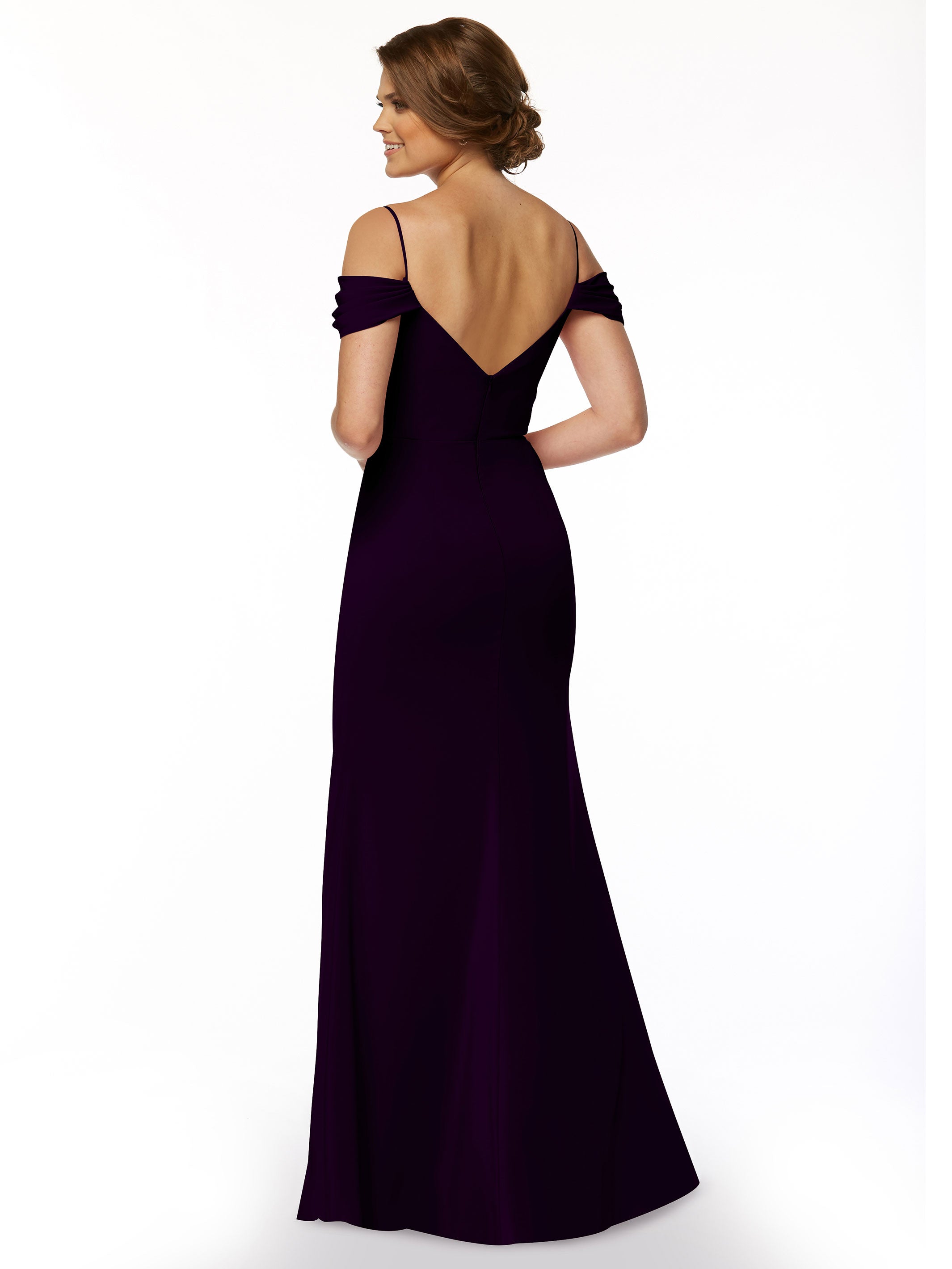 Elegant 83029 Fitted Stretch Chiffon Off-The-Shoulder Bridesmaid Dress with High Slit - Perfect for Weddings, Prom & Formal Events