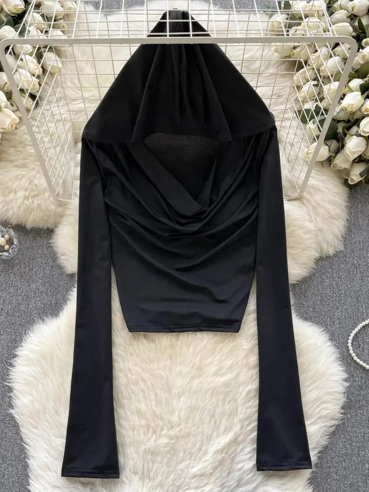 Women's Black Slim Fit Long Sleeve Ruched Hooded Cropped T-Shirt - Street Style Casual Pullover Top for Everyday Wear, Outfits & Fashion Trends