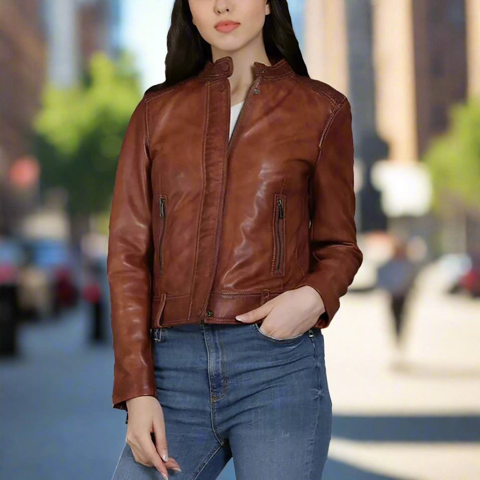 BOL Women's Sage 1 Lamb Leather Jacket - Genuine Soft Leather Motorcycle Jacket for Women, Stylish Biker Jacket for Casual Wear & Outdoor Adventures